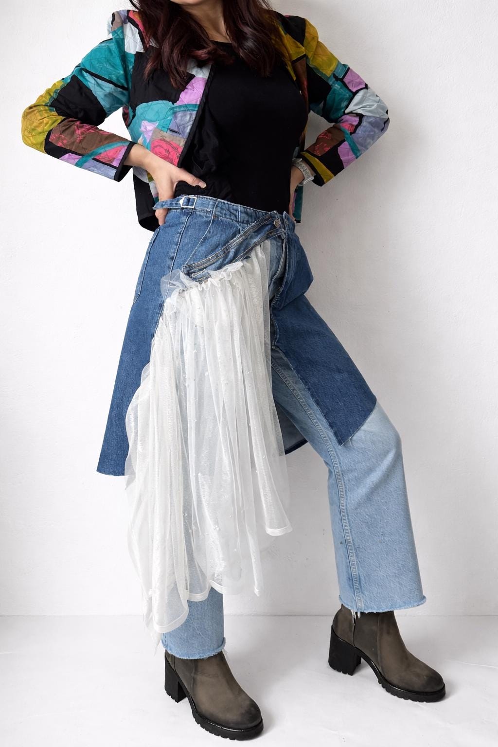 Skirt over jeans, one of a kind piece of wearable art