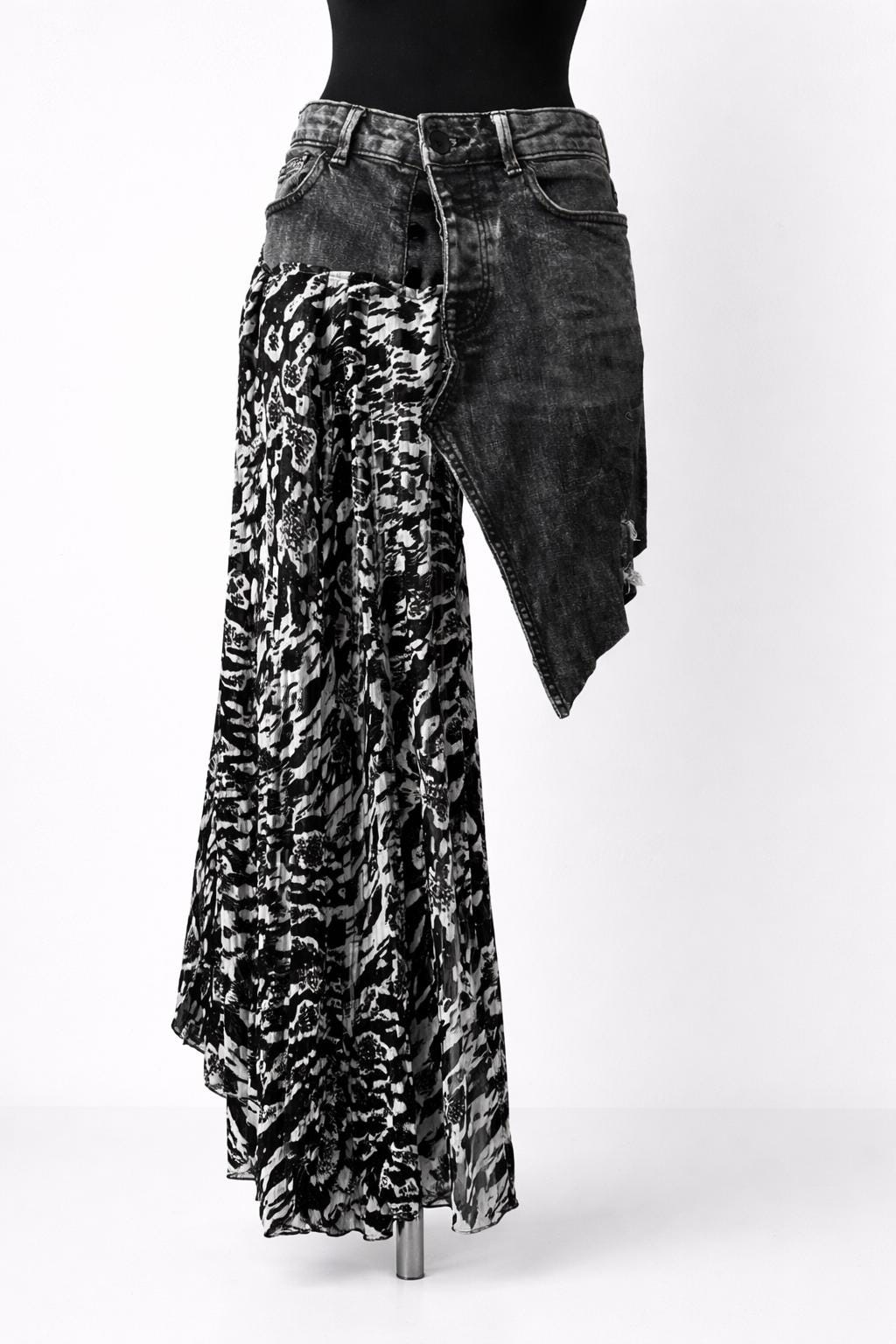 Skirt over jeans, recycled materials, contemporary design