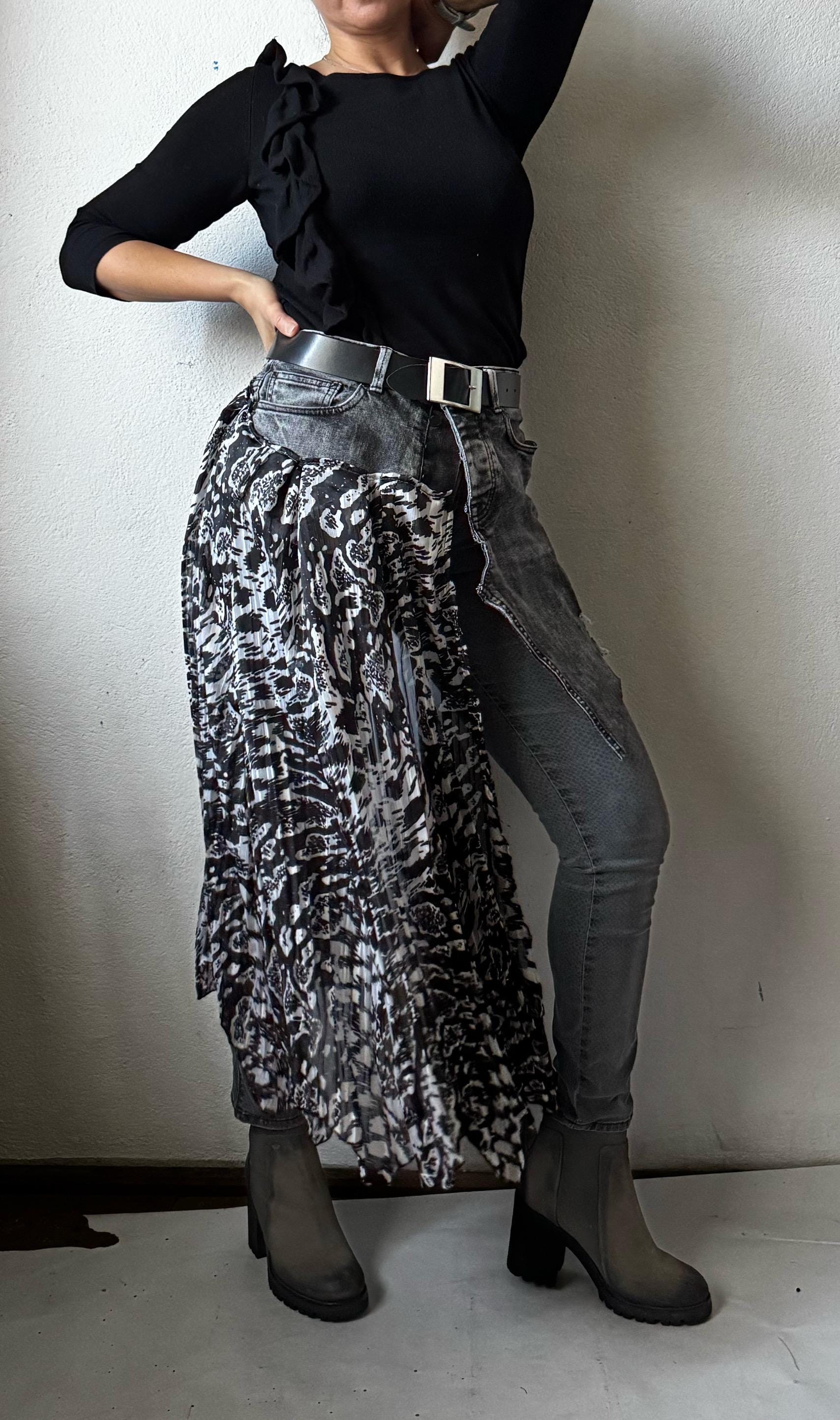 Skirt over jeans, recycled materials, contemporary design