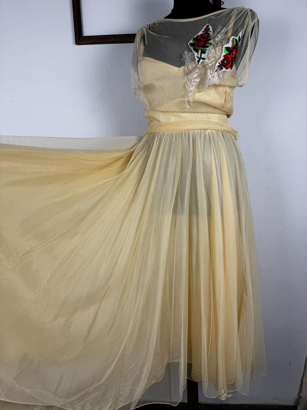 Authentic Vera Mont elegant dress with embroidered details. One of a kind upcycled piece