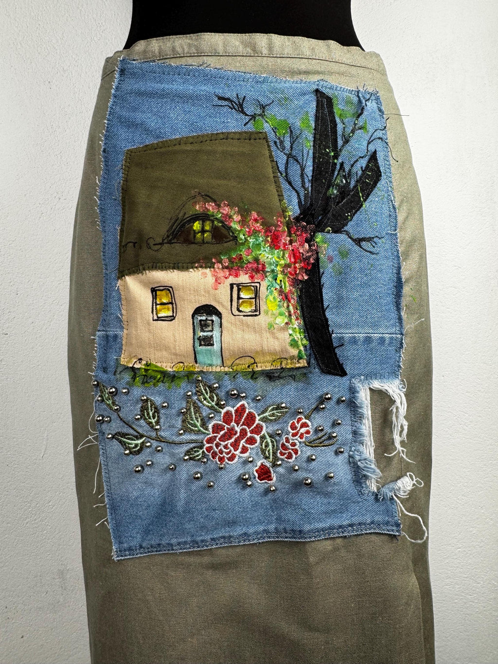 Upcycled Distler midi skirt with hand painted cottage patchwork. Cotton linen blend, sustainable one of a kind boho vintage piece