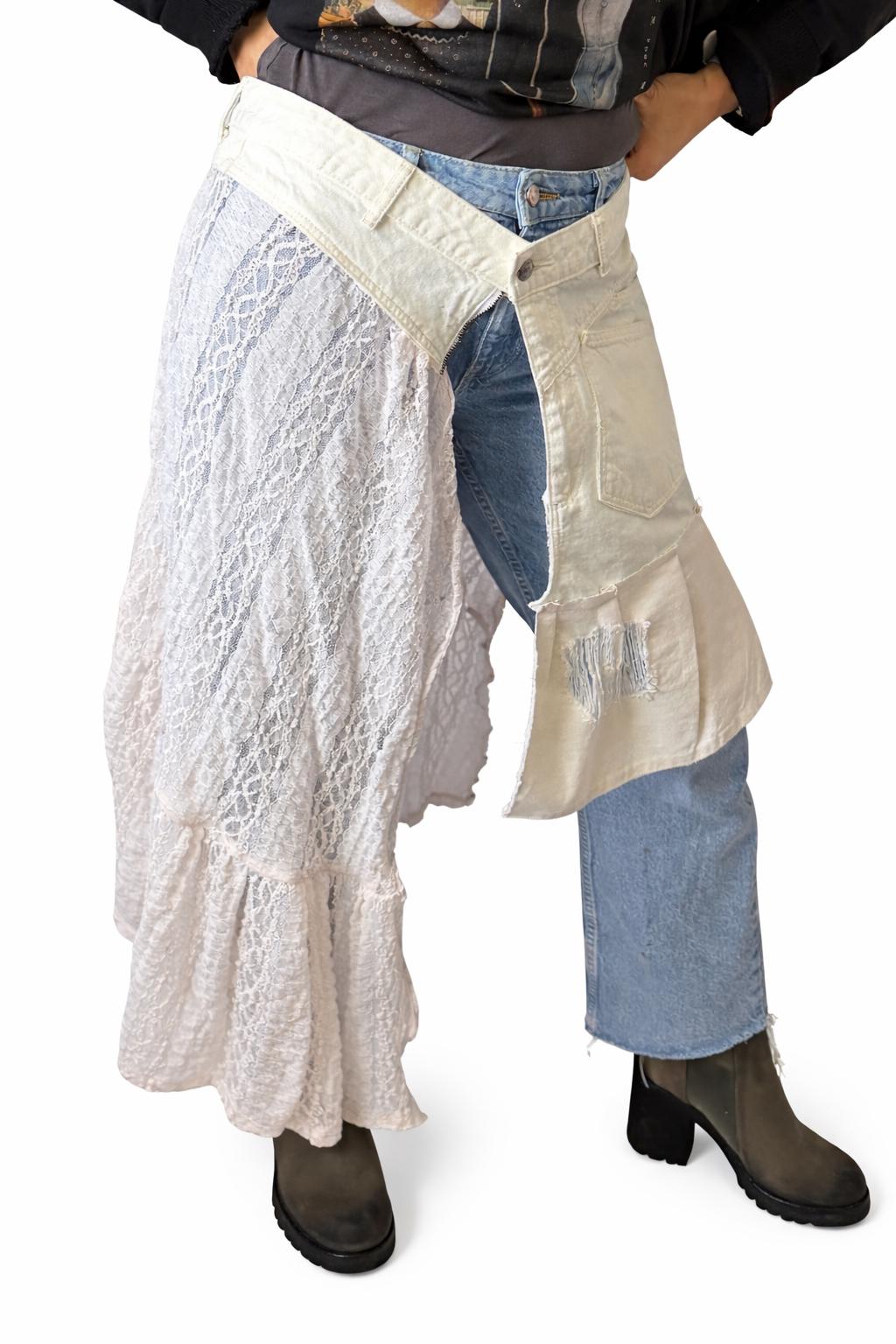 Upcycled Denim Lace Belt, plus size skirt over pants