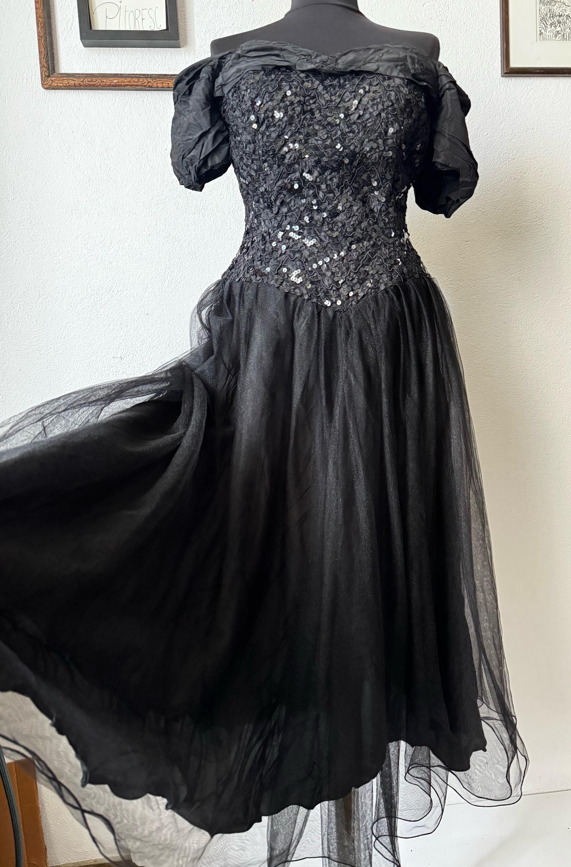Vintage Vera Mont Black Tulle Gown, 80s Off-Shoulder Party Dress, Size L