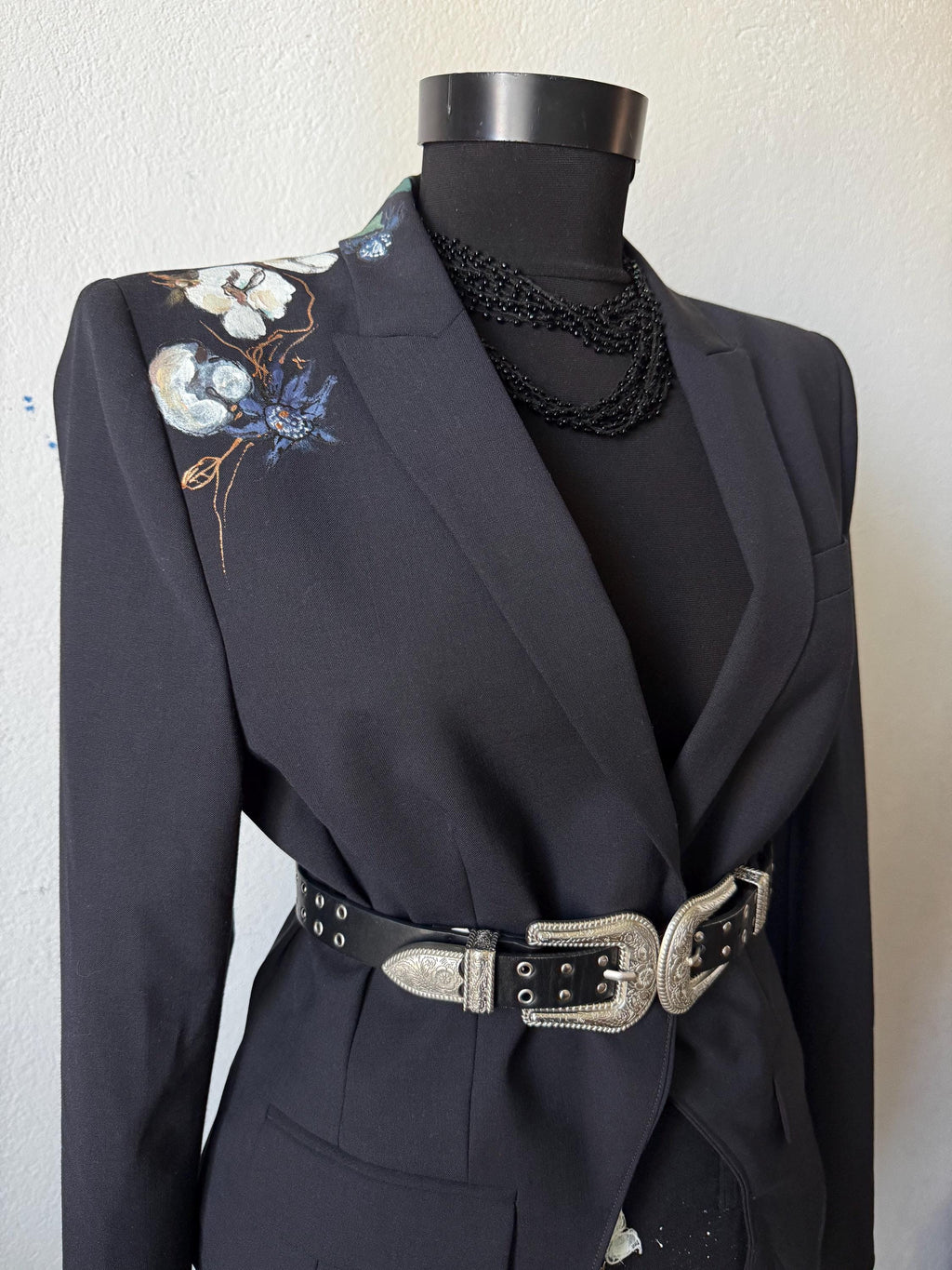 Hand painted blazer with cotton flowers, deconstructed, one of a kind piece