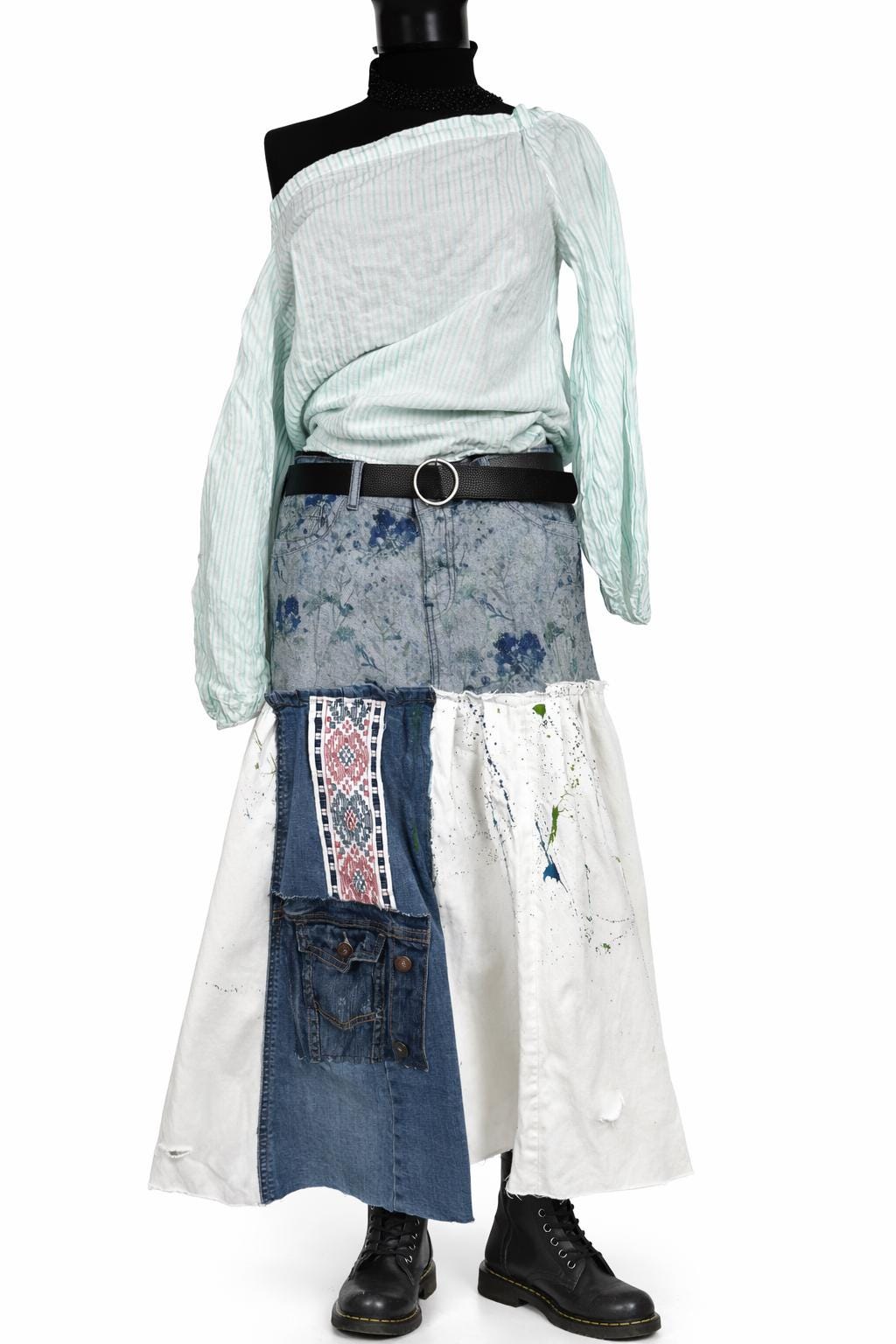 Upcycled skirt, hand painted denim, patchwork jeans
