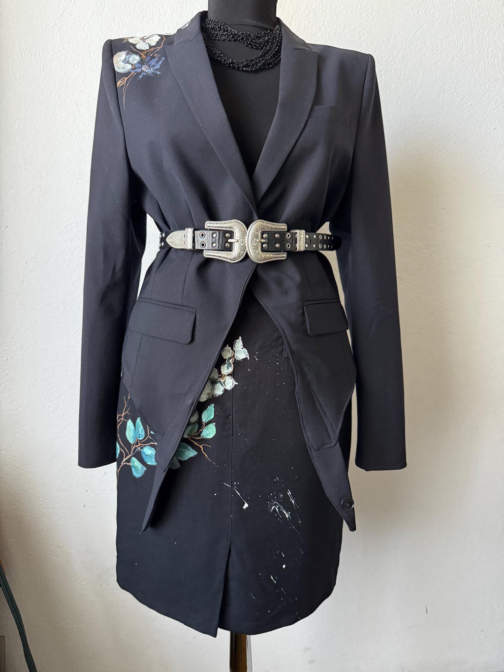 Hand painted blazer with cotton flowers, deconstructed, one of a kind piece