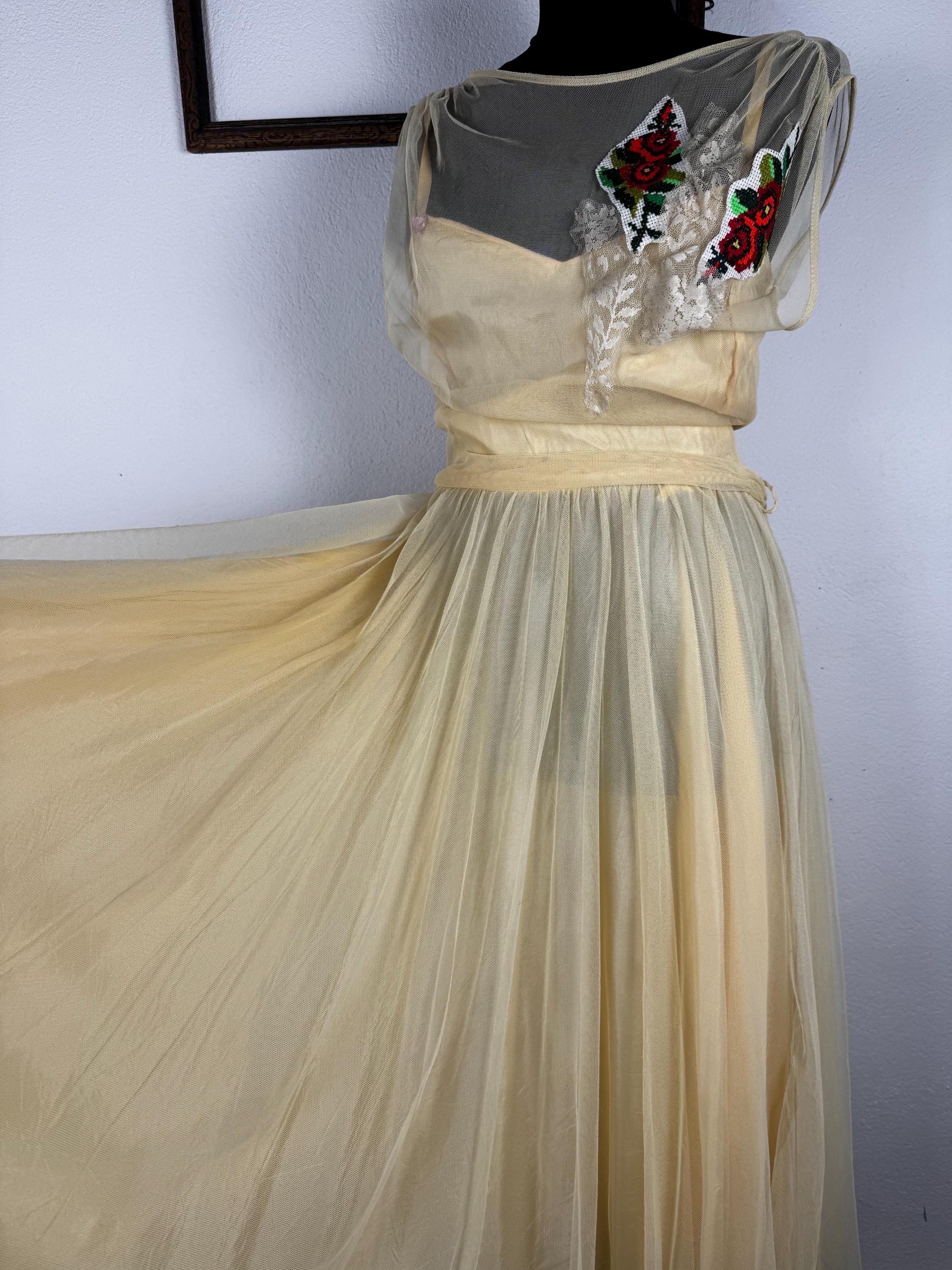 Authentic Vera Mont elegant dress with embroidered details. One of a kind upcycled piece
