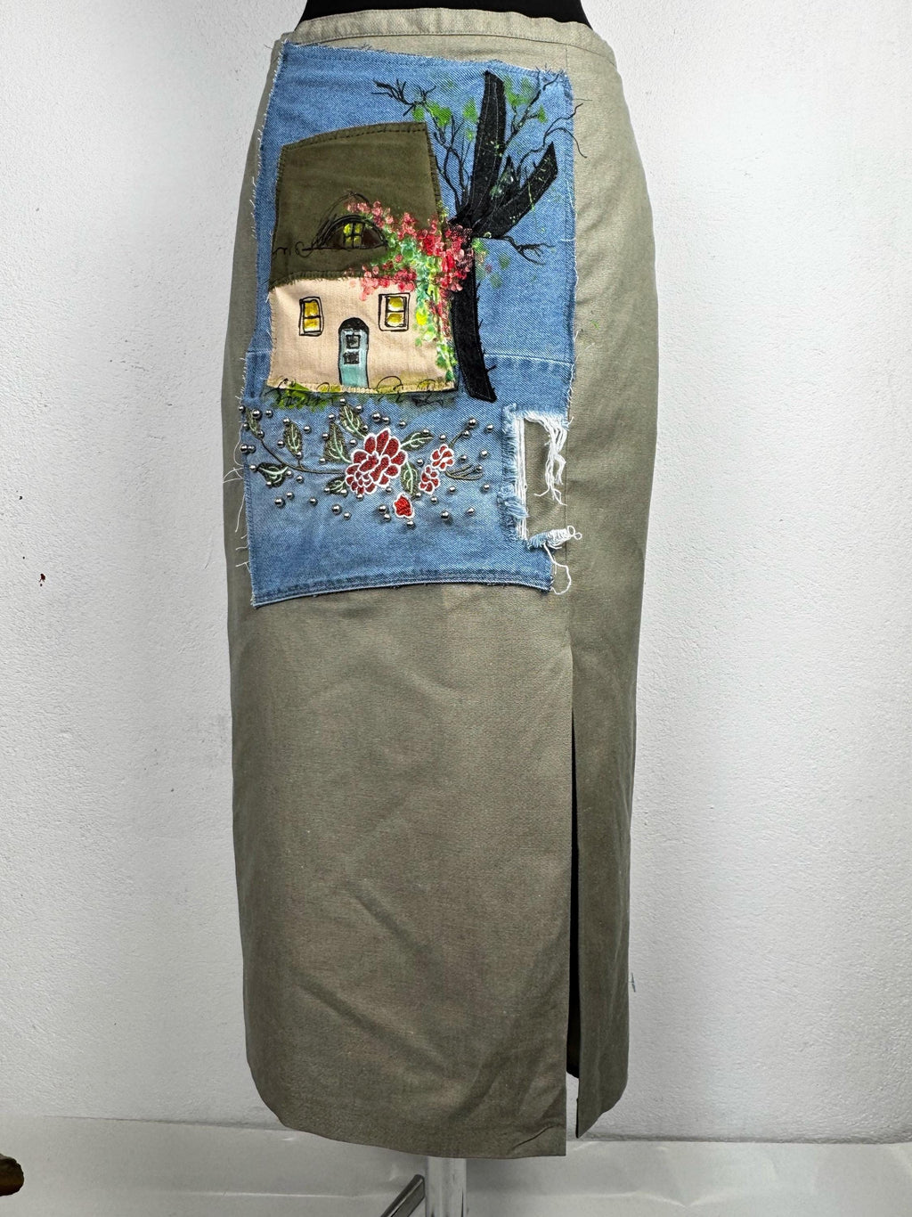 Upcycled Distler midi skirt with hand painted cottage patchwork. Cotton linen blend, sustainable one of a kind boho vintage piece