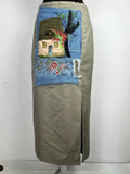 Upcycled Distler midi skirt with hand painted cottage patchwork. Cotton linen blend, sustainable one of a kind boho vintage piece