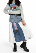 Upcycled skirt, hand painted denim, patchwork jeans