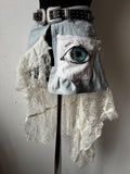 Upcycled Denim Lace Belt, Hand-Painted Eye Detail, Grunge Festival Style