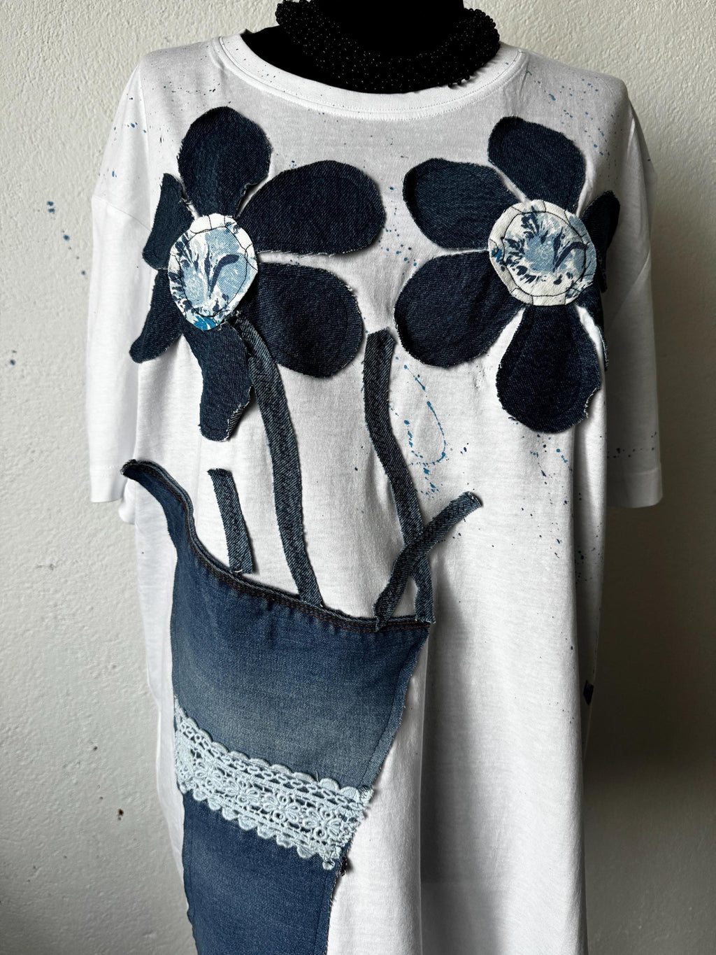 Denim flower vase t-shirt, handpainted with recycled jeans patchwork