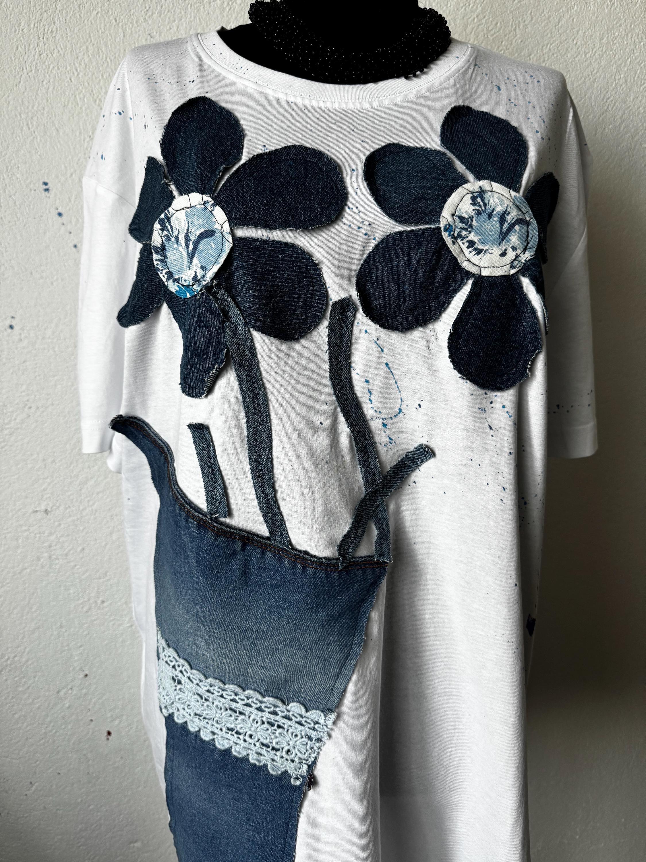 Denim flower vase t-shirt, handpainted with recycled jeans patchwork