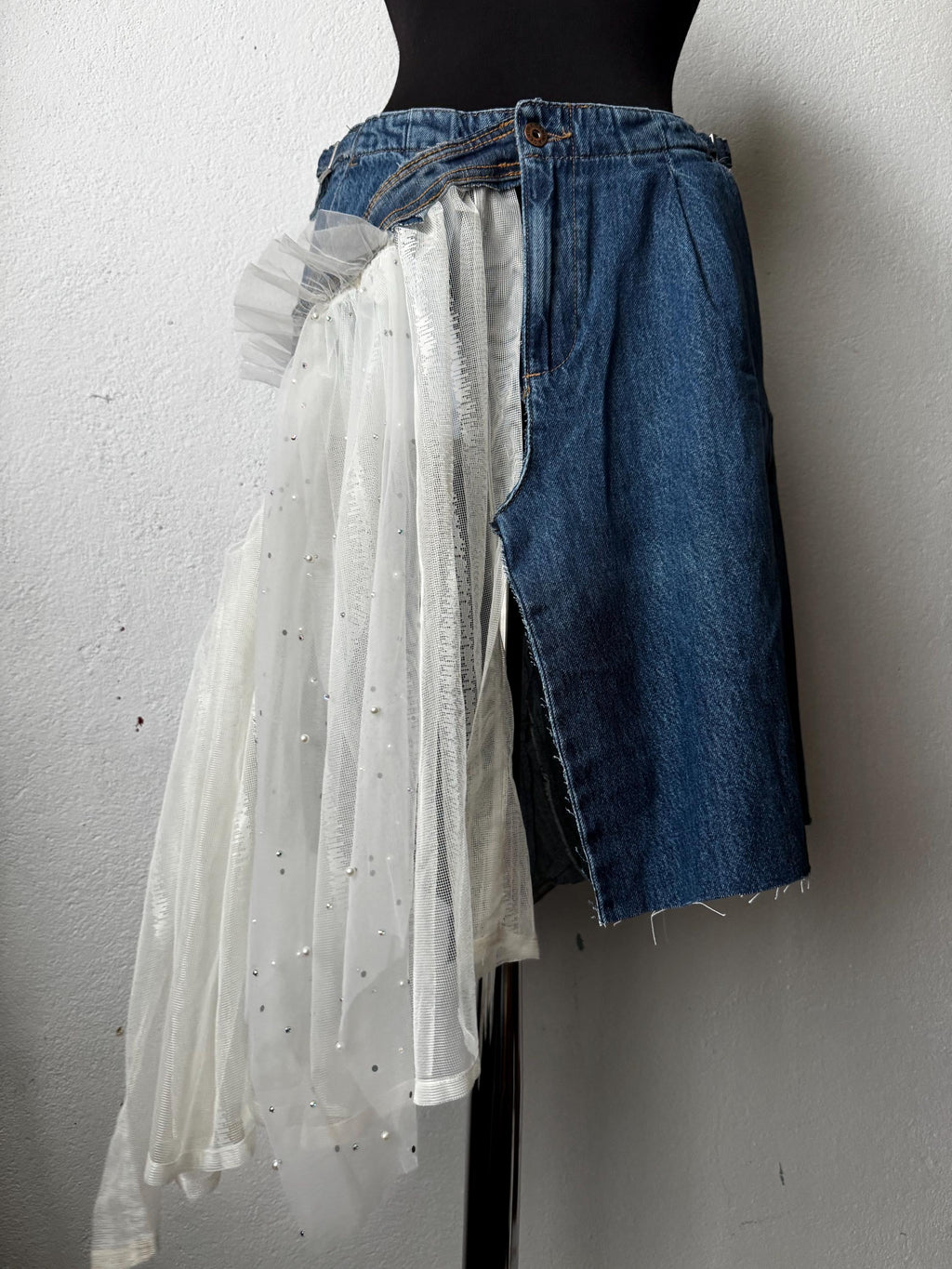 Skirt over jeans, one of a kind piece of wearable art