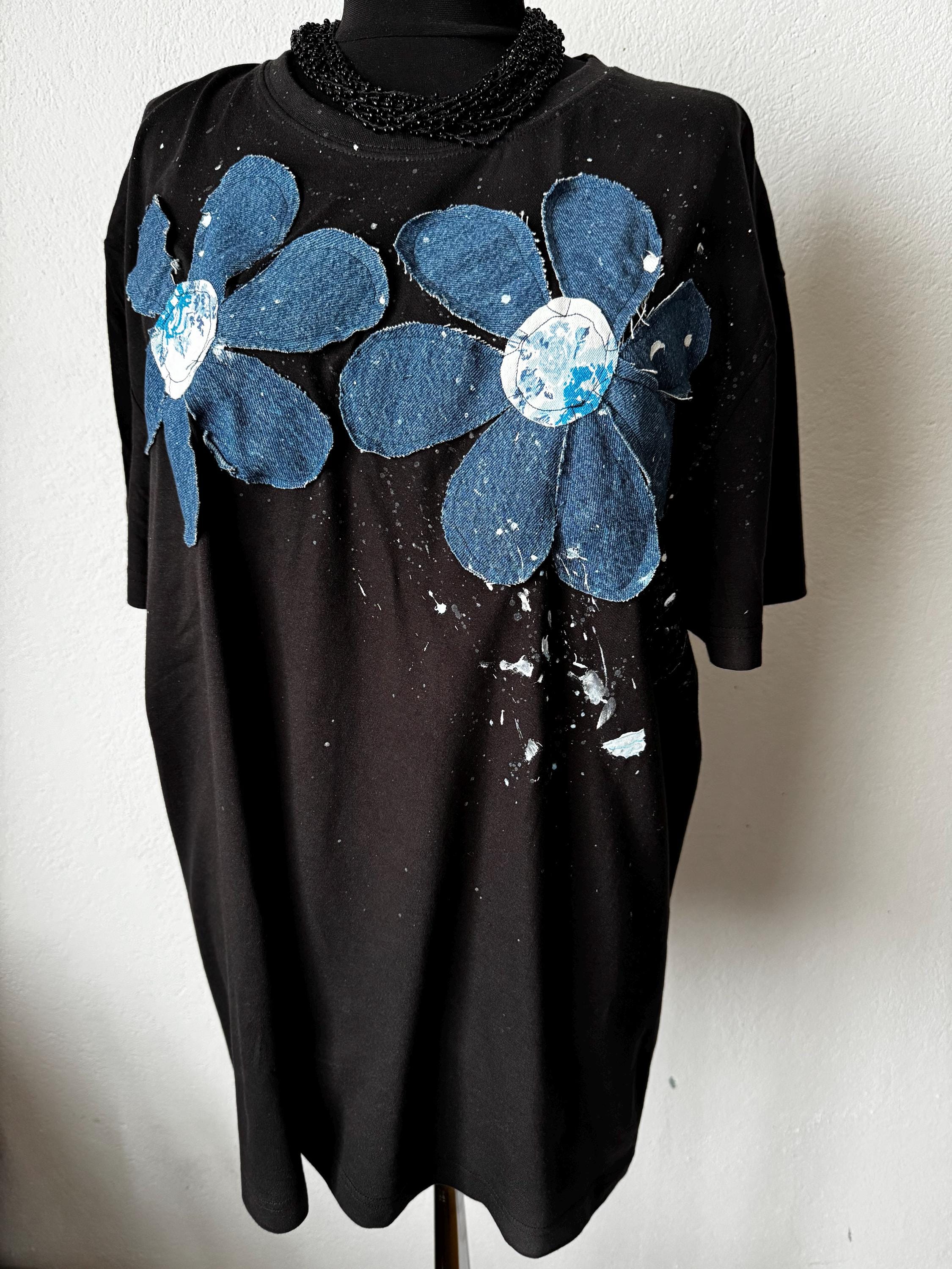 Denim flowers t-shirt, handpainted with recycled jeans patchwork