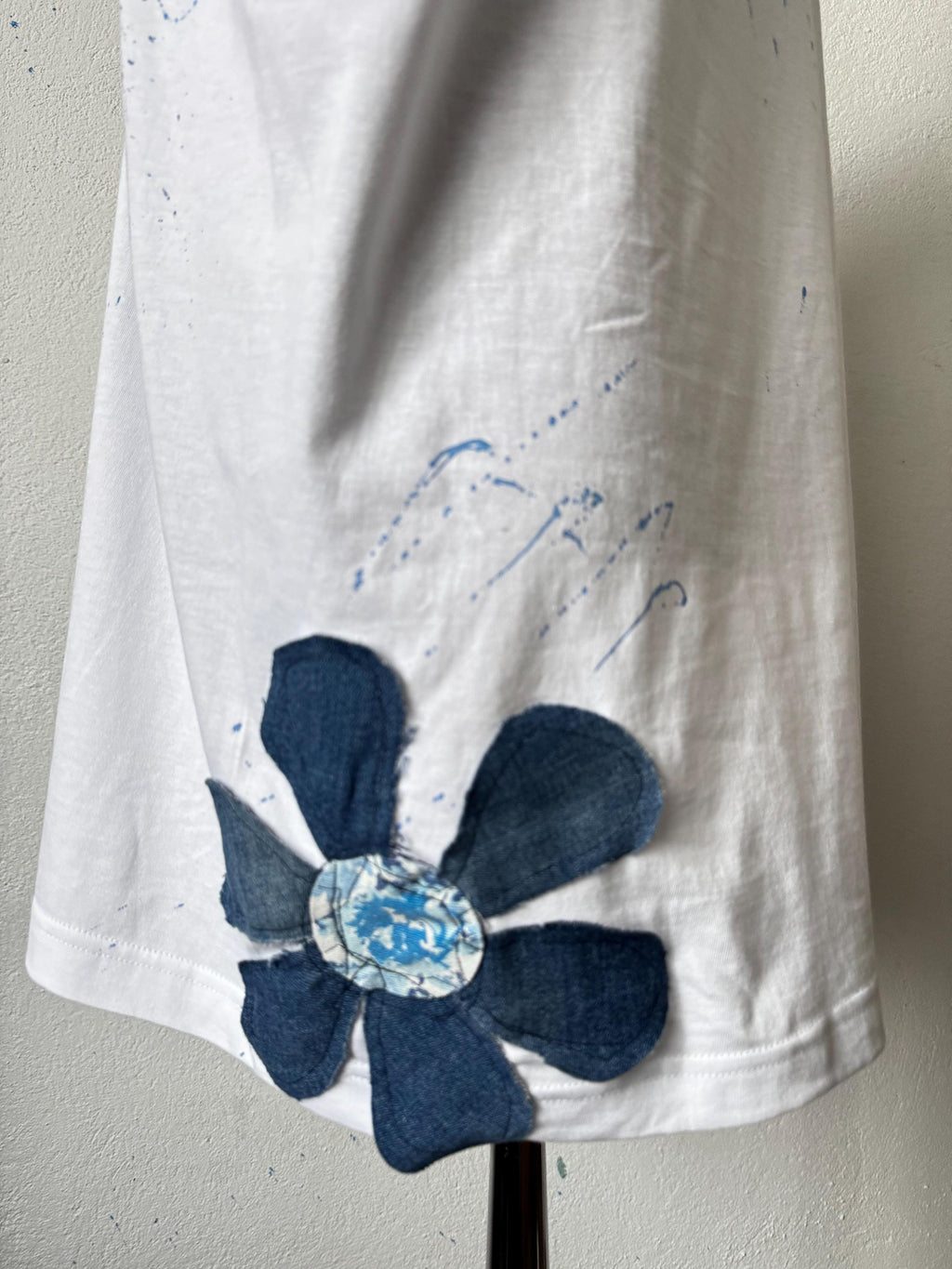 Denim flower vase t-shirt, handpainted with recycled jeans patchwork