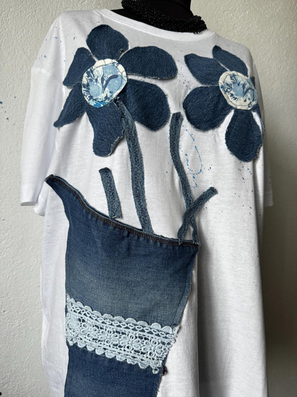 Denim flower vase t-shirt, handpainted with recycled jeans patchwork