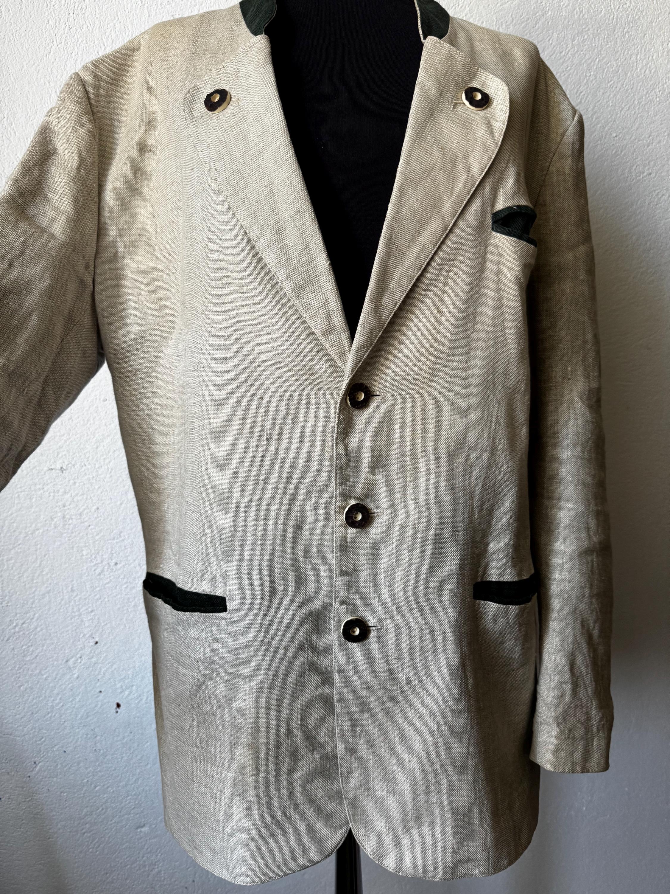 Vintage Linen Trachten Blazer Austrian Alpine Beige Jacket