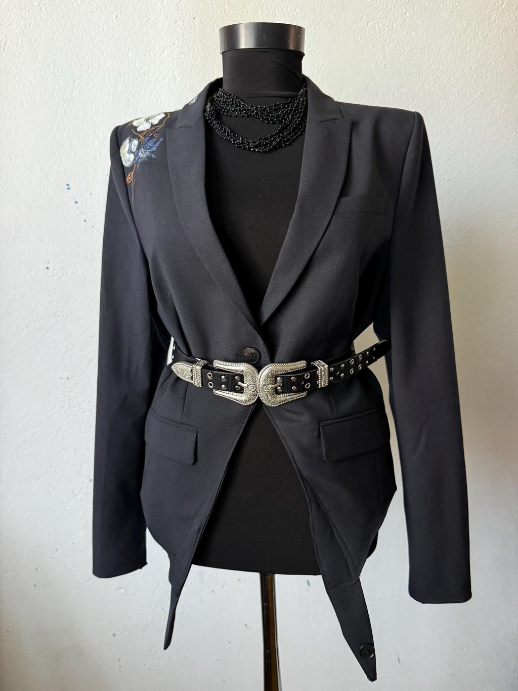 Hand painted blazer with cotton flowers, deconstructed, one of a kind piece