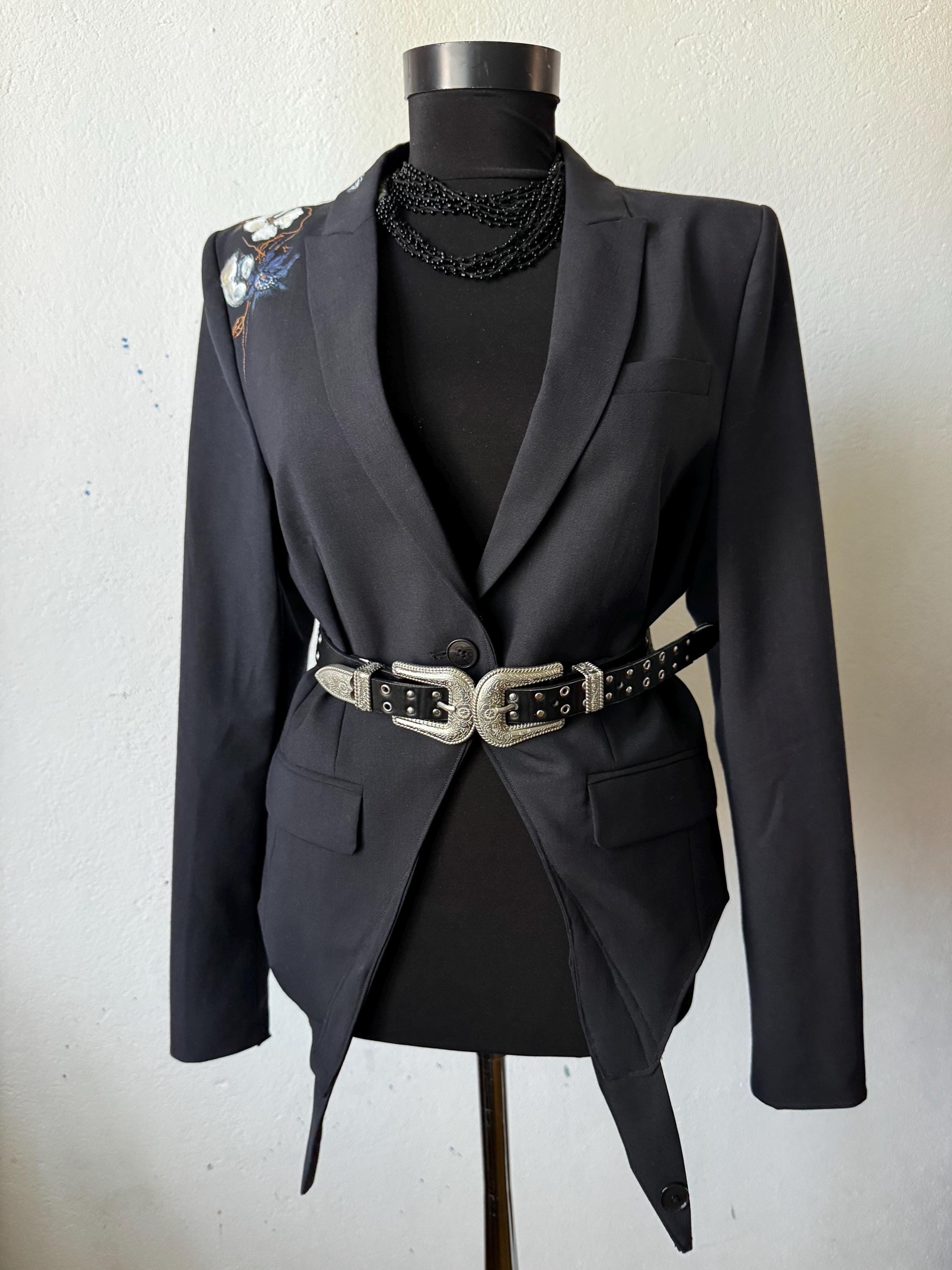 Hand painted blazer with cotton flowers, deconstructed, one of a kind piece