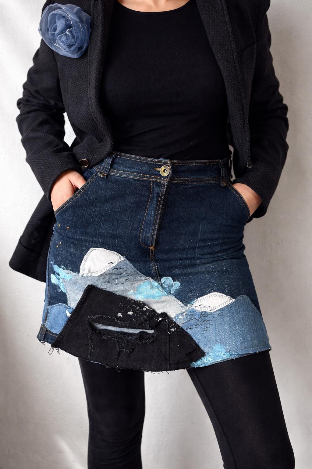 Reworked denim skirt, patchwork jeans with handpainted details