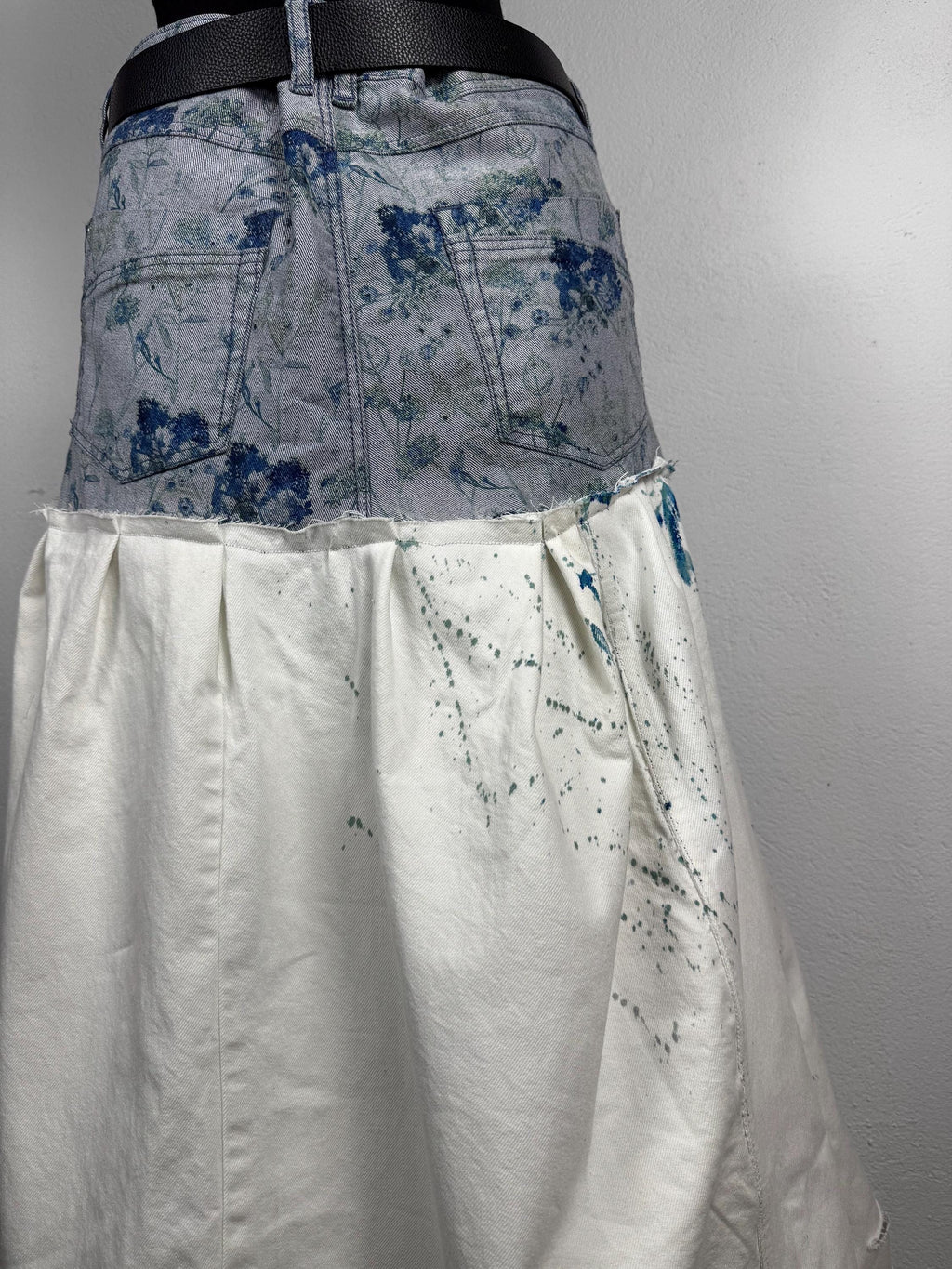 Upcycled skirt, hand painted denim, patchwork jeans