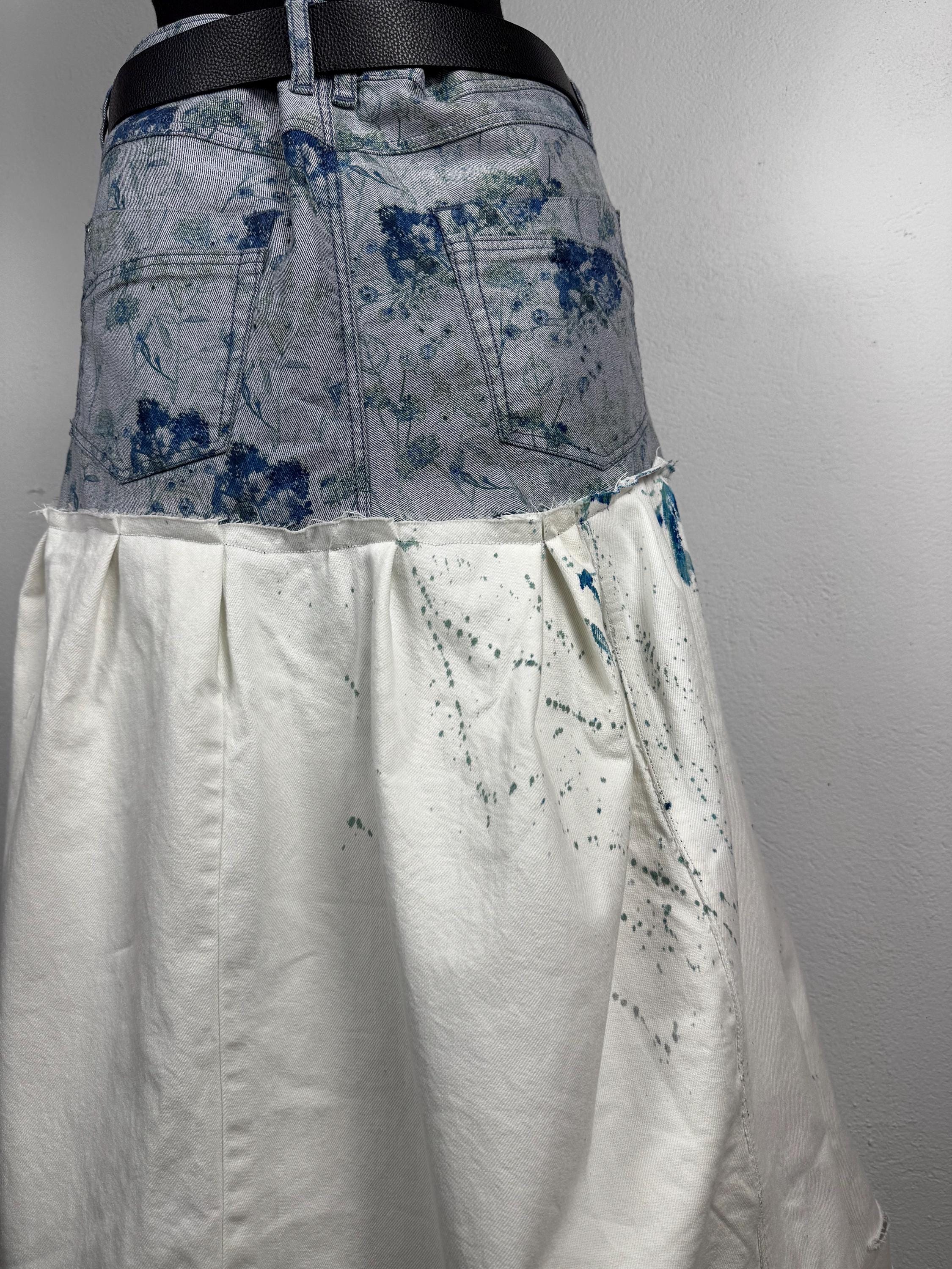 Upcycled skirt, hand painted denim, patchwork jeans