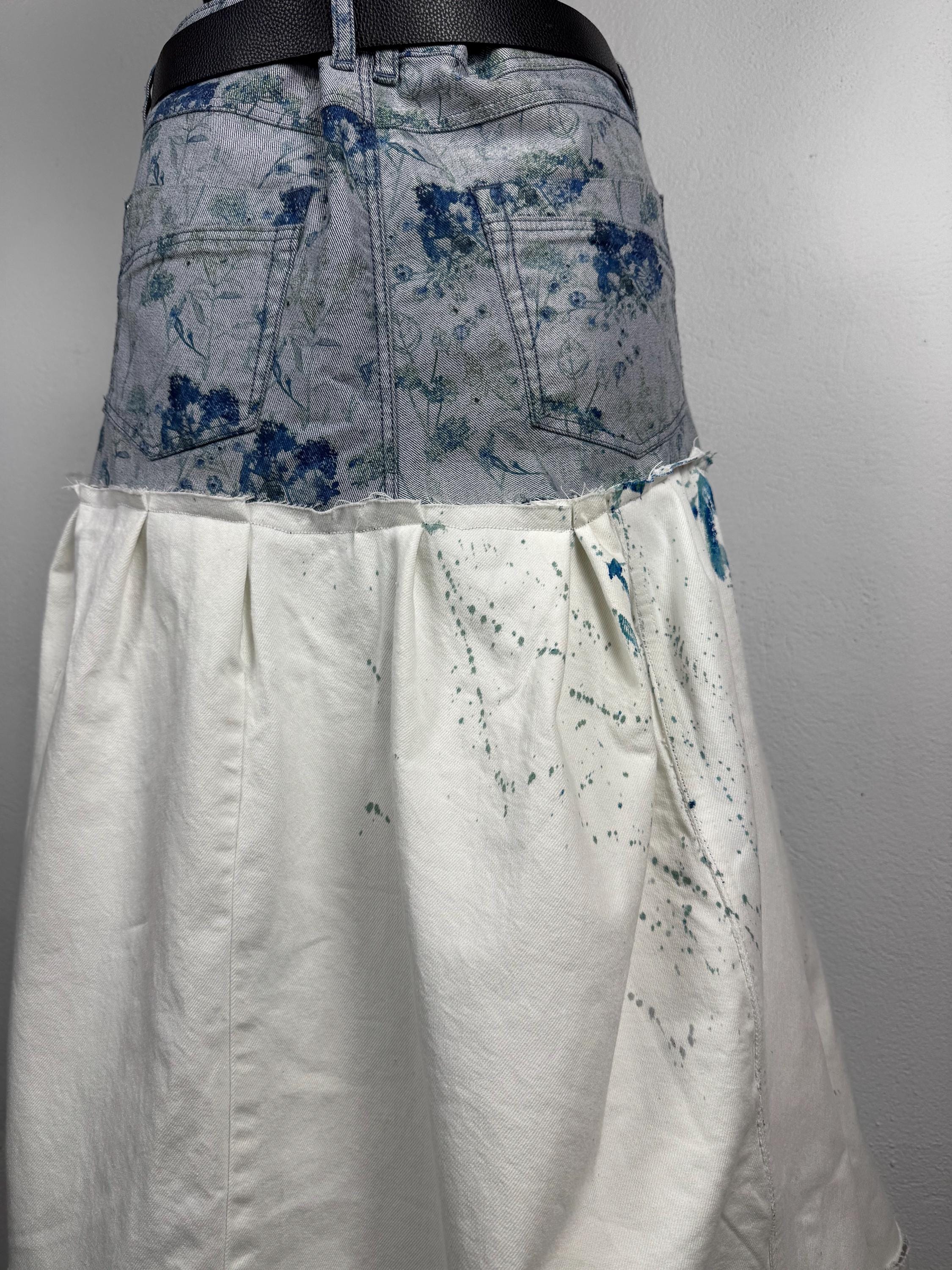Upcycled skirt, hand painted denim, patchwork jeans