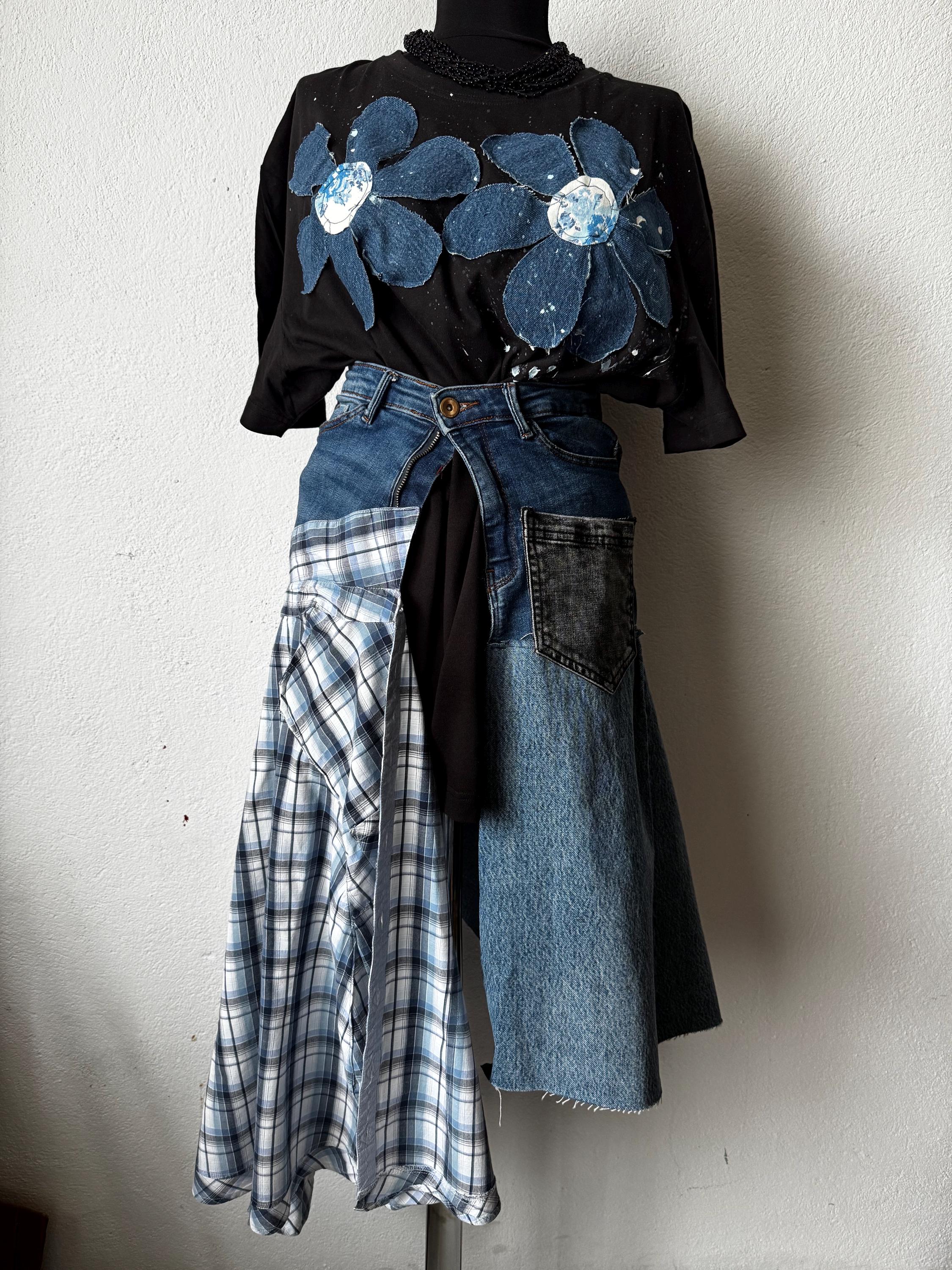 Skirt over jeans, one of a kind wearable art