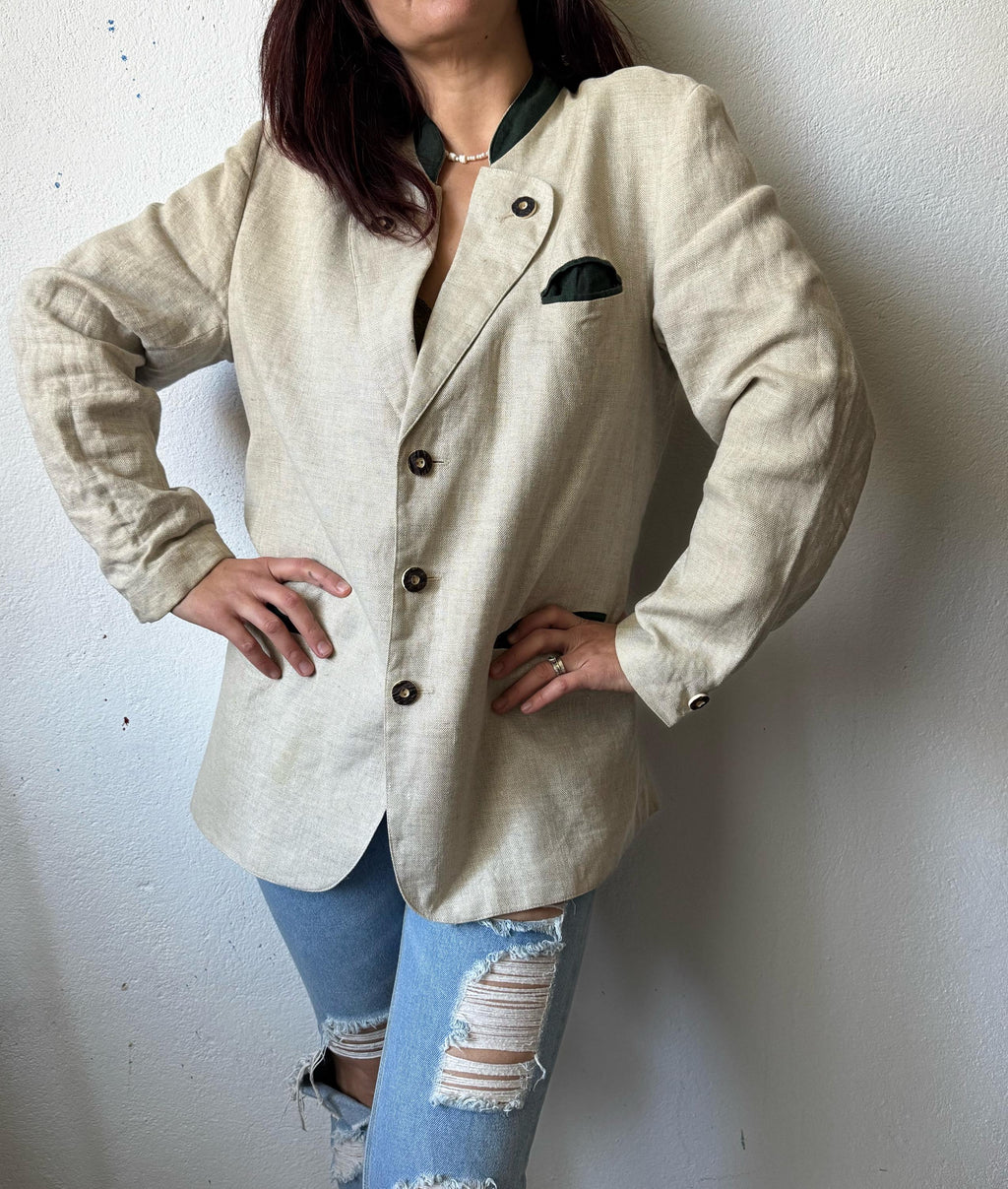 Vintage Linen Trachten Blazer Austrian Alpine Beige Jacket