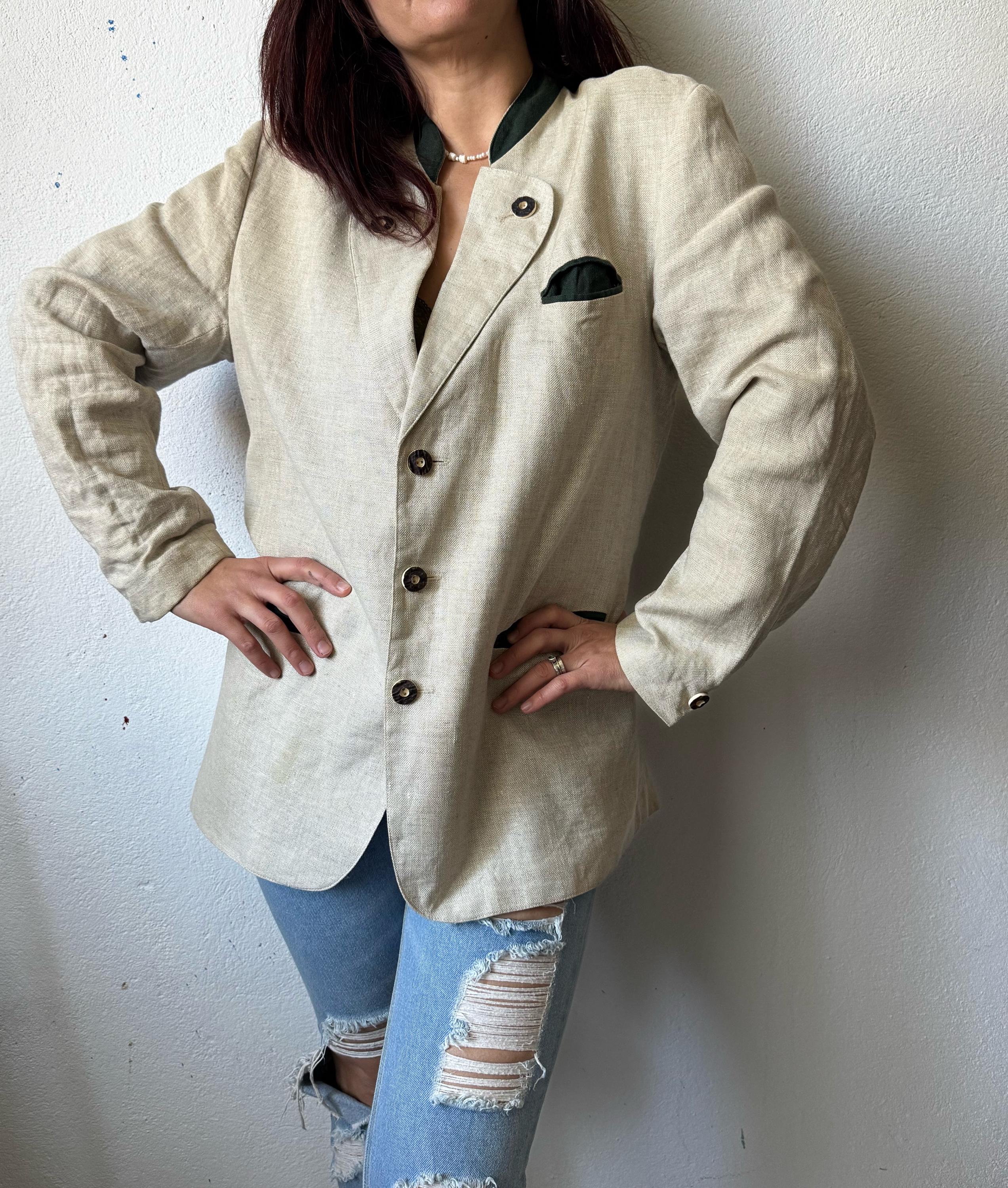 Vintage Linen Trachten Blazer Austrian Alpine Beige Jacket
