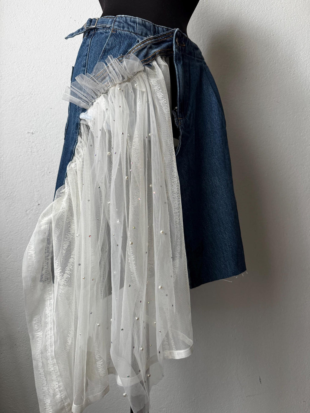 Skirt over jeans, one of a kind piece of wearable art