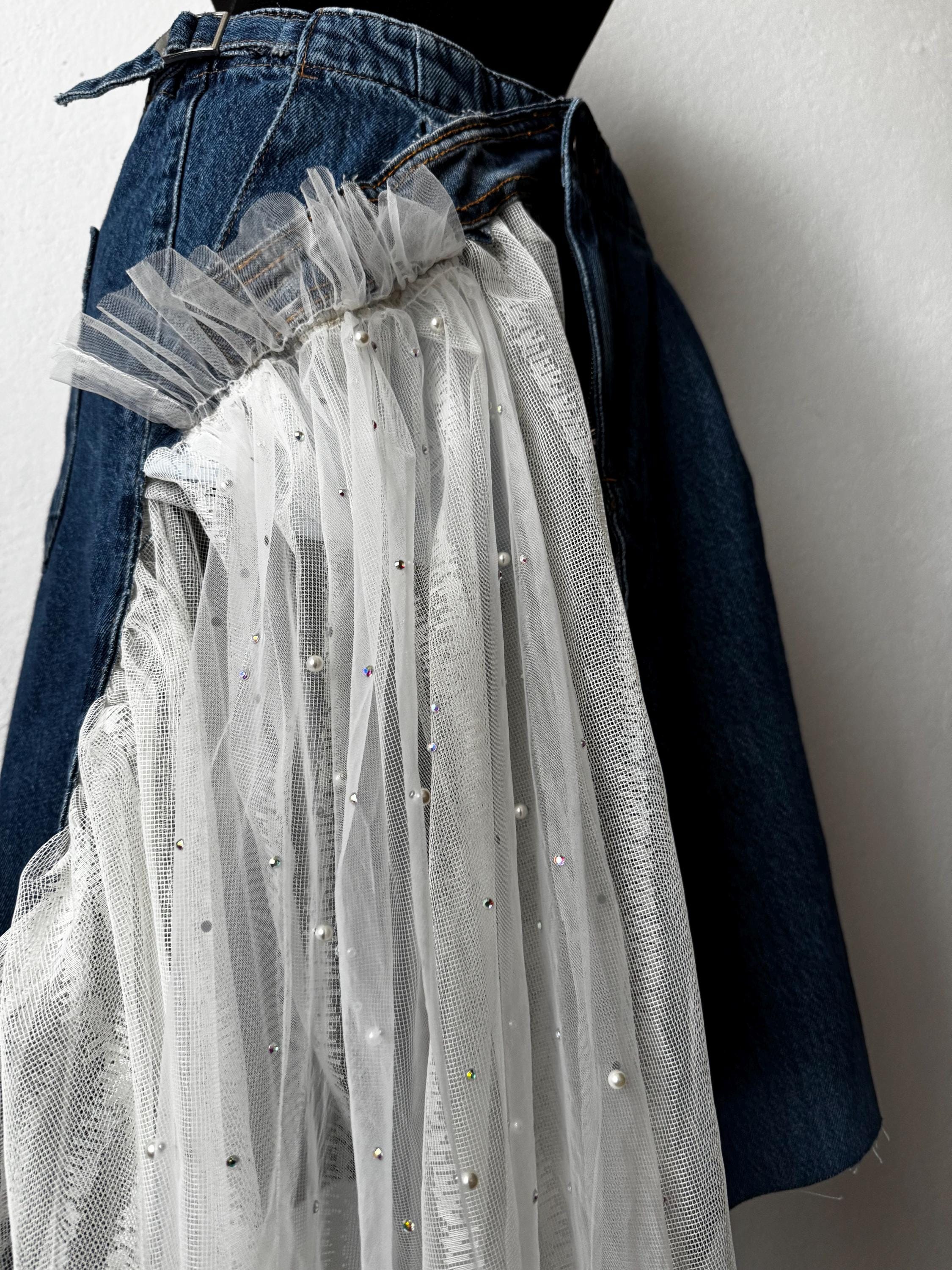 Skirt over jeans, one of a kind piece of wearable art