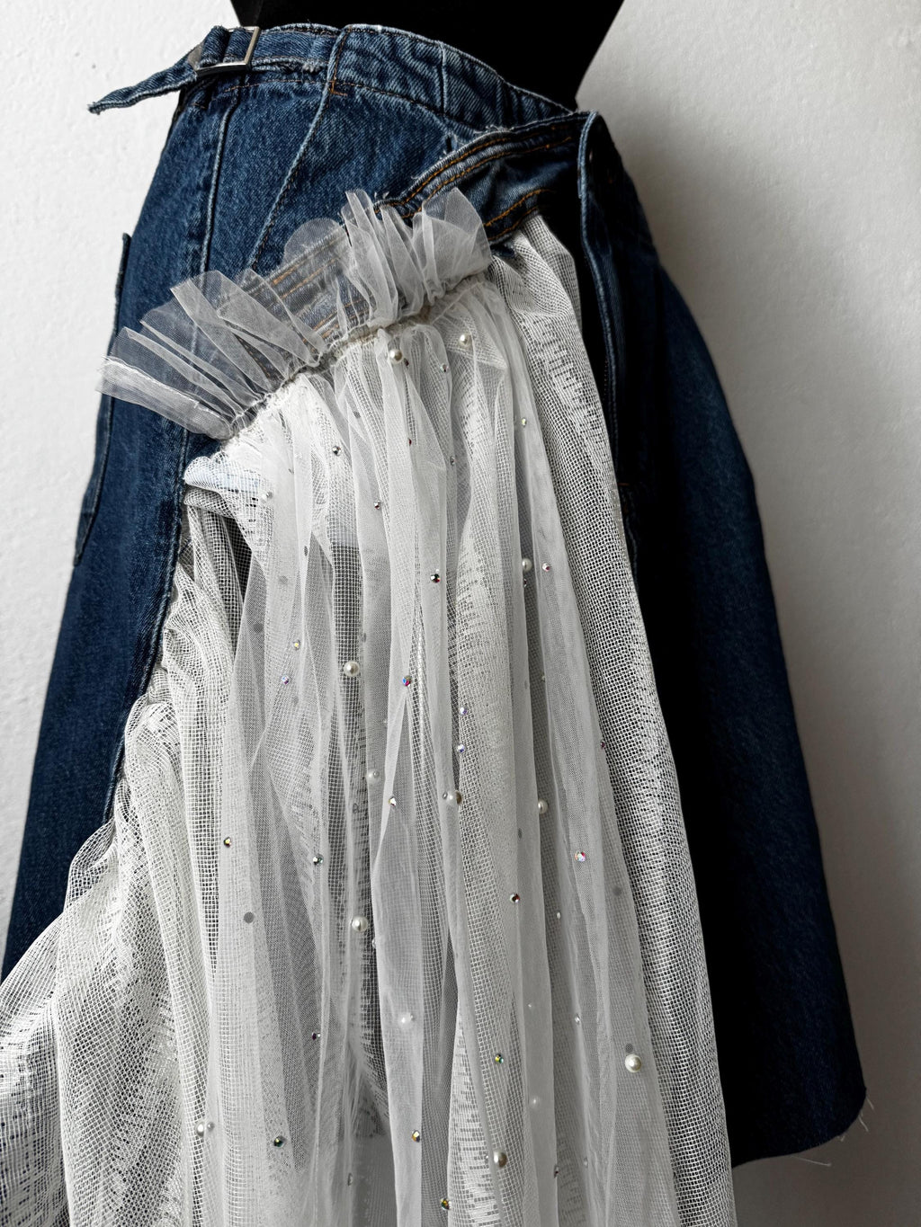 Skirt over jeans, one of a kind piece of wearable art