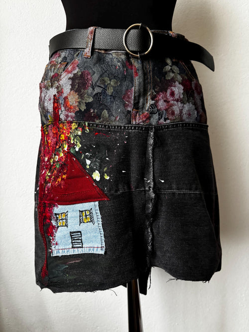 Boho Upcycled skirt with romantic cottage and flowers texture