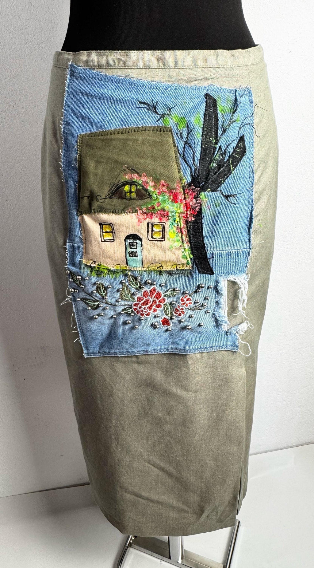 Upcycled Distler midi skirt with hand painted cottage patchwork. Cotton linen blend, sustainable one of a kind boho vintage piece