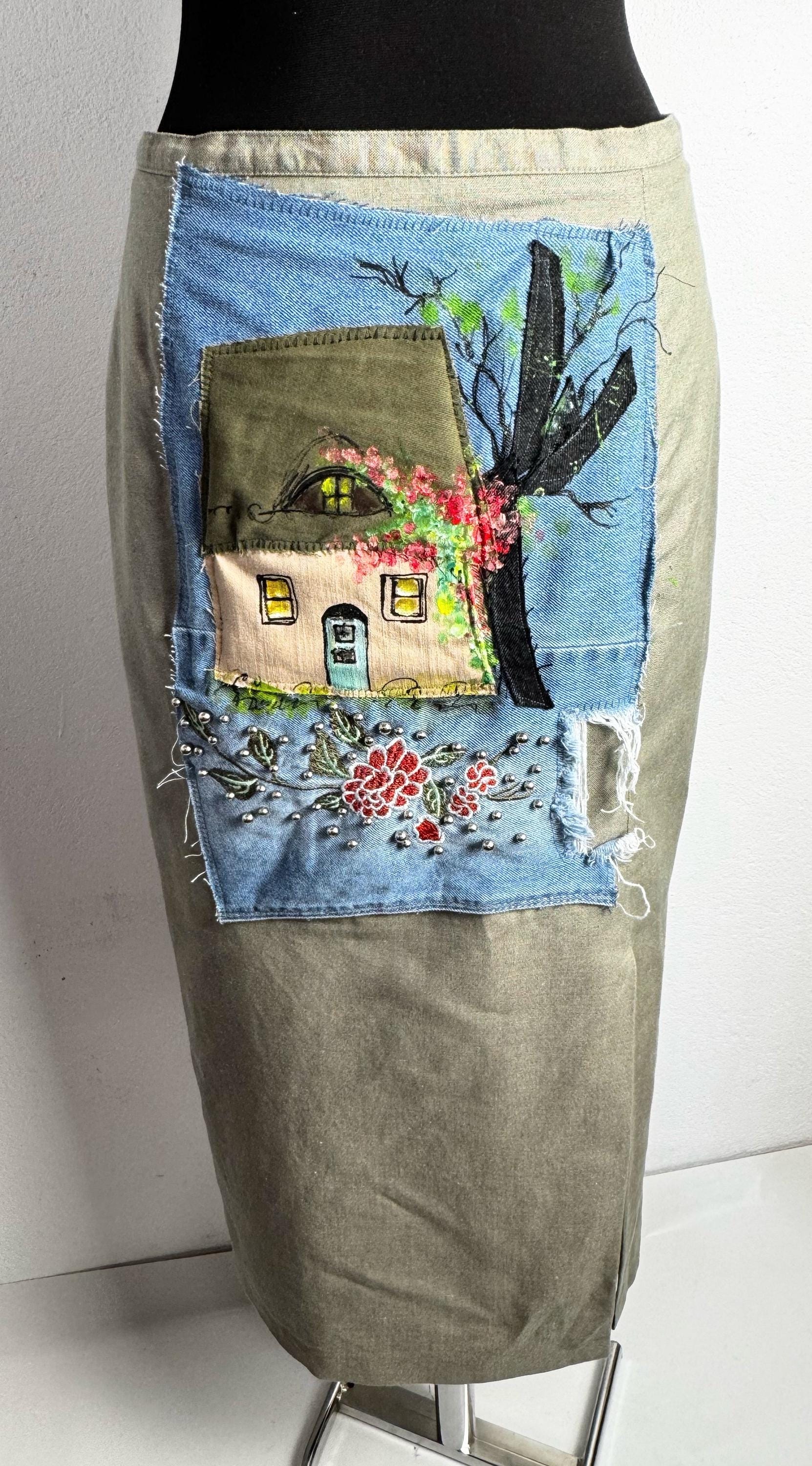 Upcycled Distler midi skirt with hand painted cottage patchwork. Cotton linen blend, sustainable one of a kind boho vintage piece