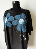Denim flowers t-shirt, handpainted with recycled jeans patchwork