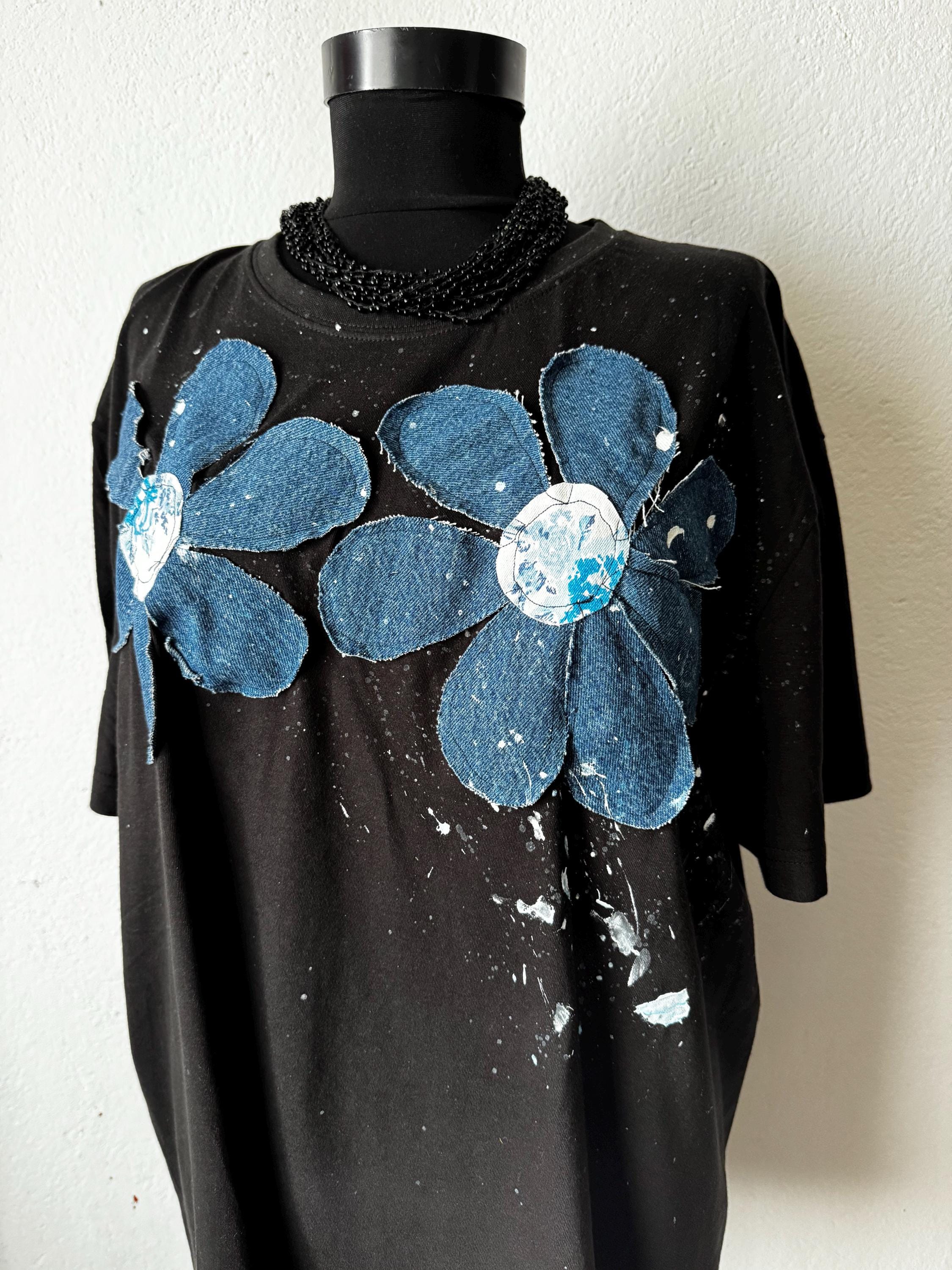 Denim flowers t-shirt, handpainted with recycled jeans patchwork