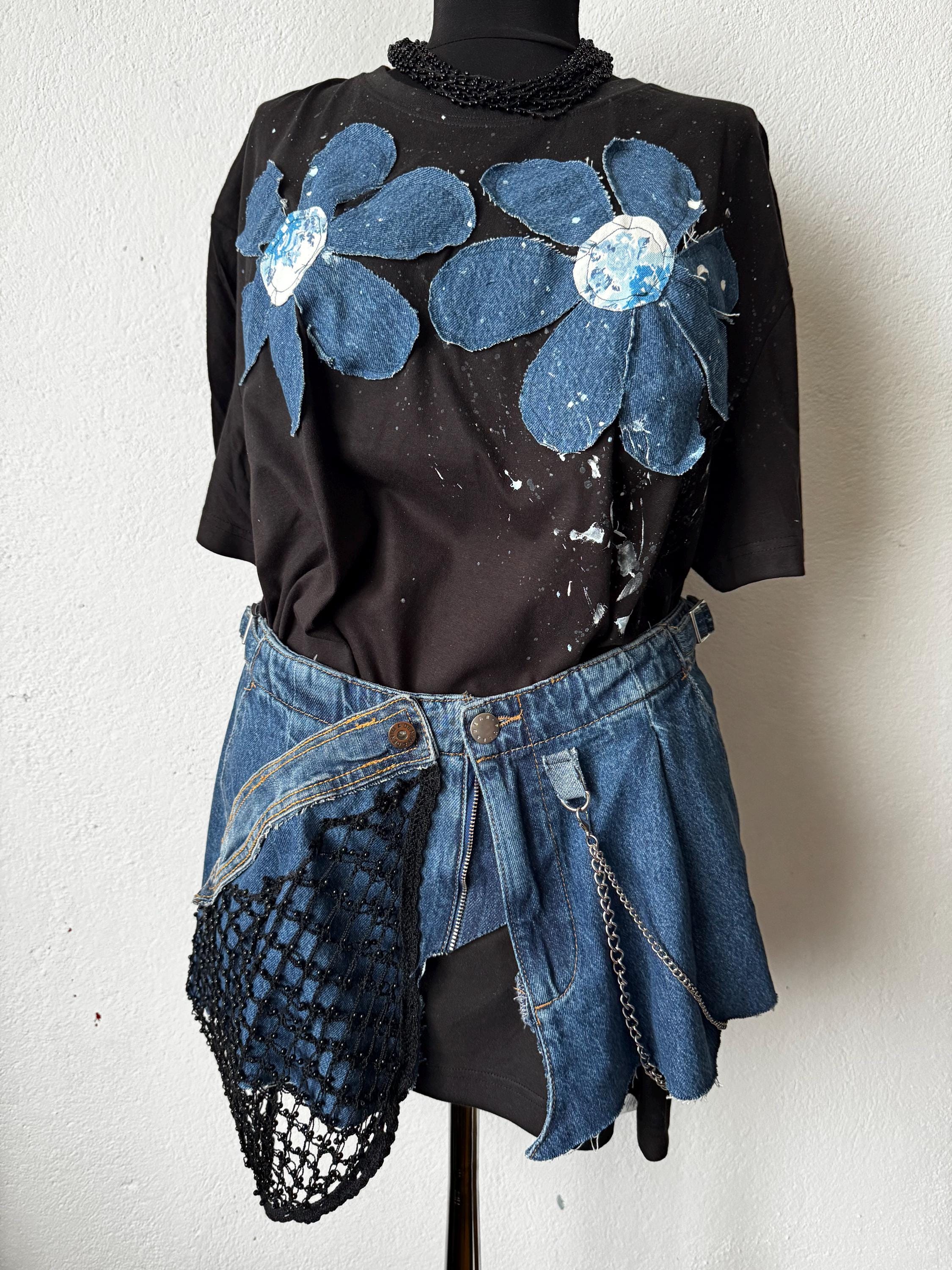 Denim flowers t-shirt, handpainted with recycled jeans patchwork
