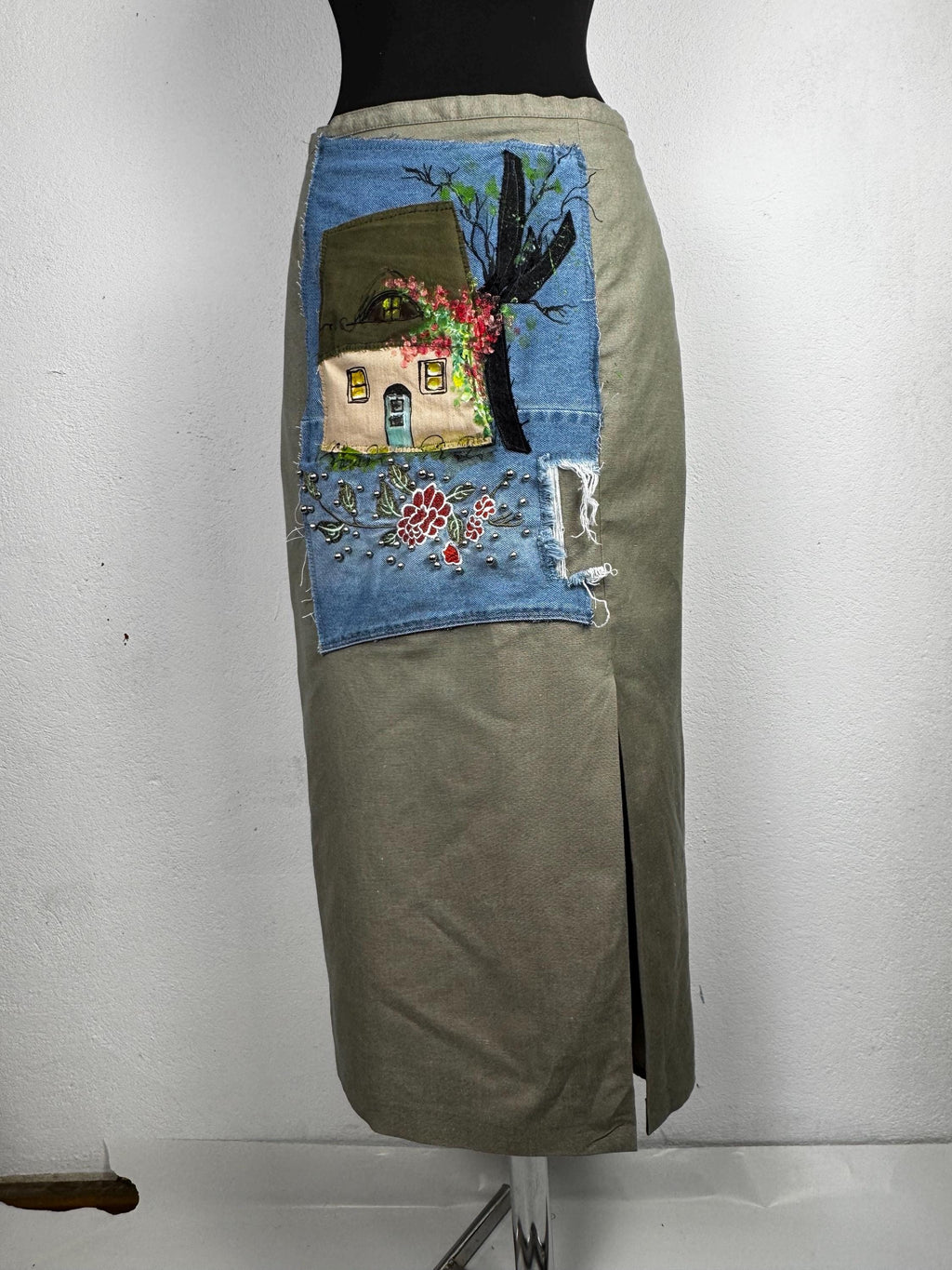 Upcycled Distler midi skirt with hand painted cottage patchwork. Cotton linen blend, sustainable one of a kind boho vintage piece
