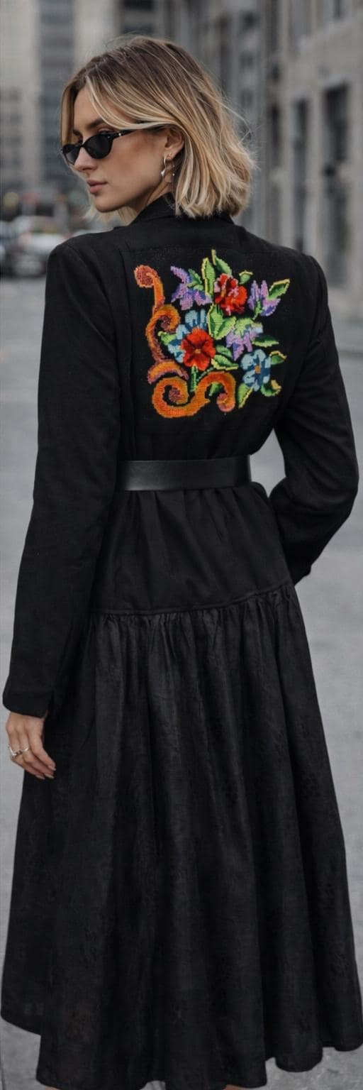 Avant-Garde Upcycled Wool Trench Coat with Hand Embroidery | One-of-a-Kind Sustainable Artwear