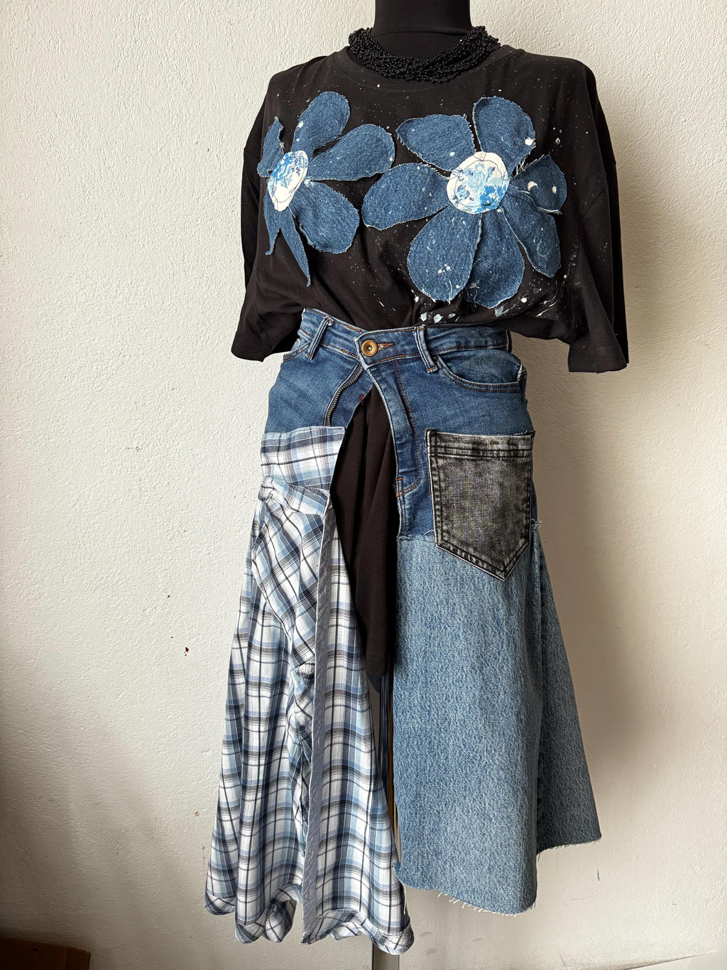 Denim flowers t-shirt, handpainted with recycled jeans patchwork