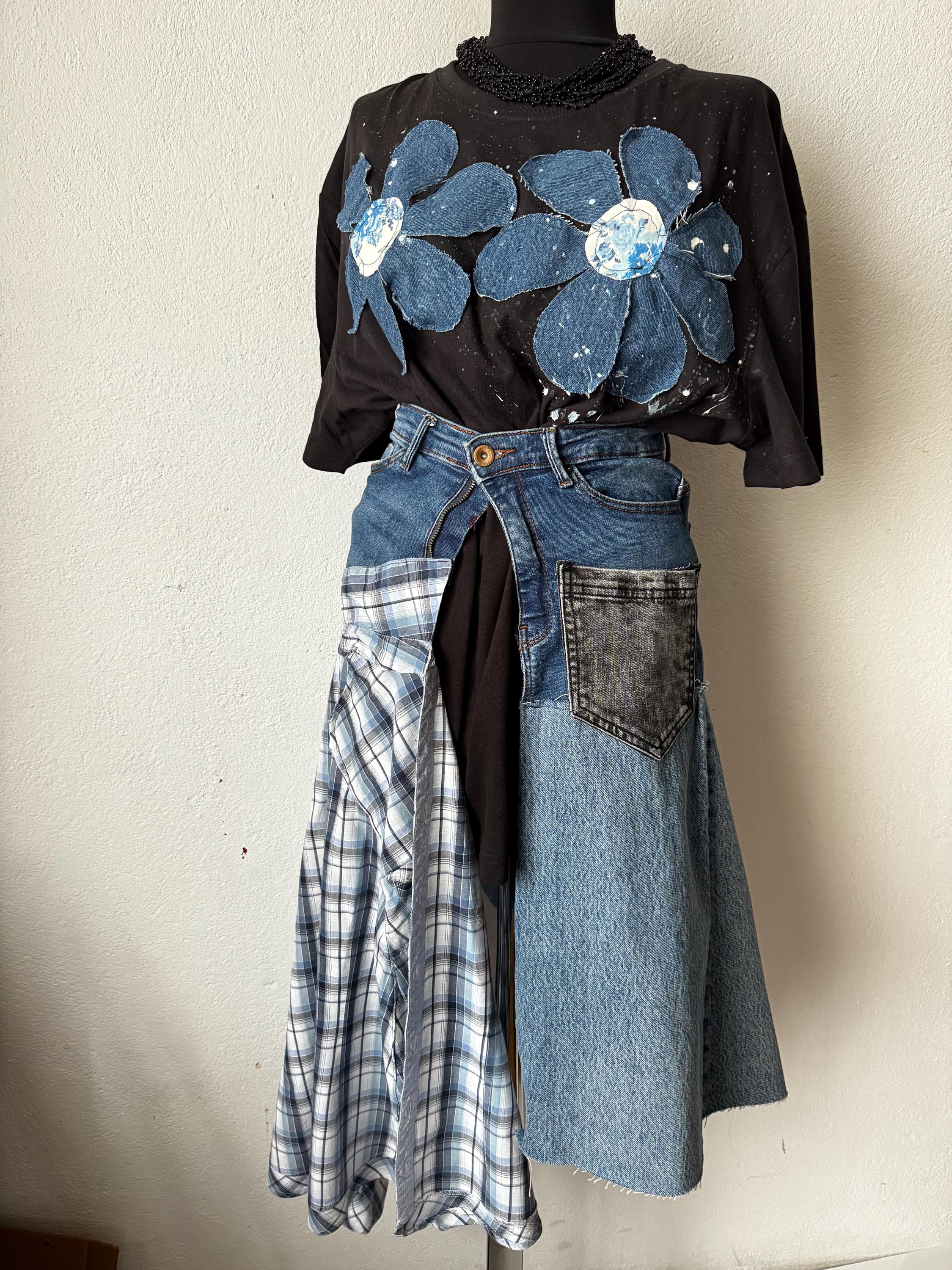 Denim flowers t-shirt, handpainted with recycled jeans patchwork
