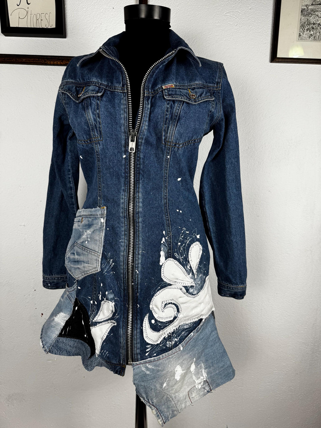 Upcycled Denim Mini Dress, OOAK Patchwork Jeans, Hand-Painted, Joujou, S