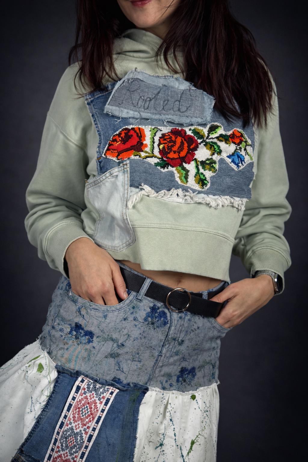 Hoodie with traditional embroidery and recycled vintage jeans patchwork