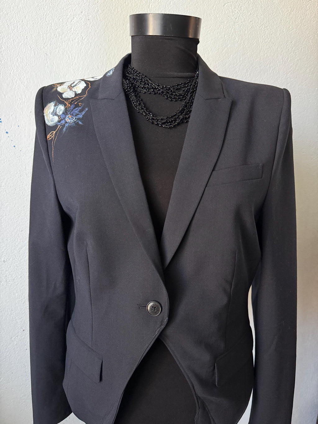 Hand painted blazer with cotton flowers, deconstructed, one of a kind piece