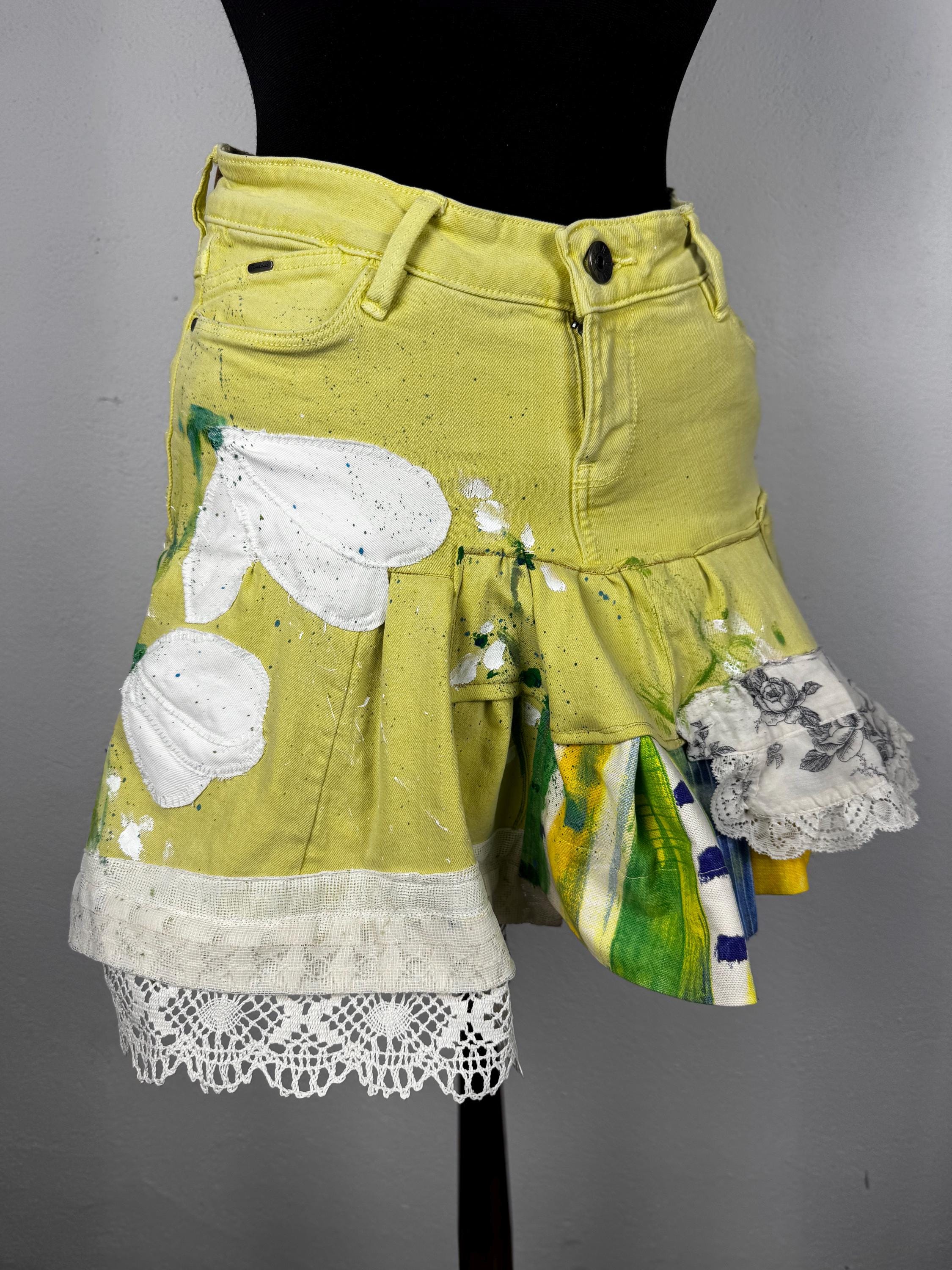 Denim yellow skirt with spring flowers
