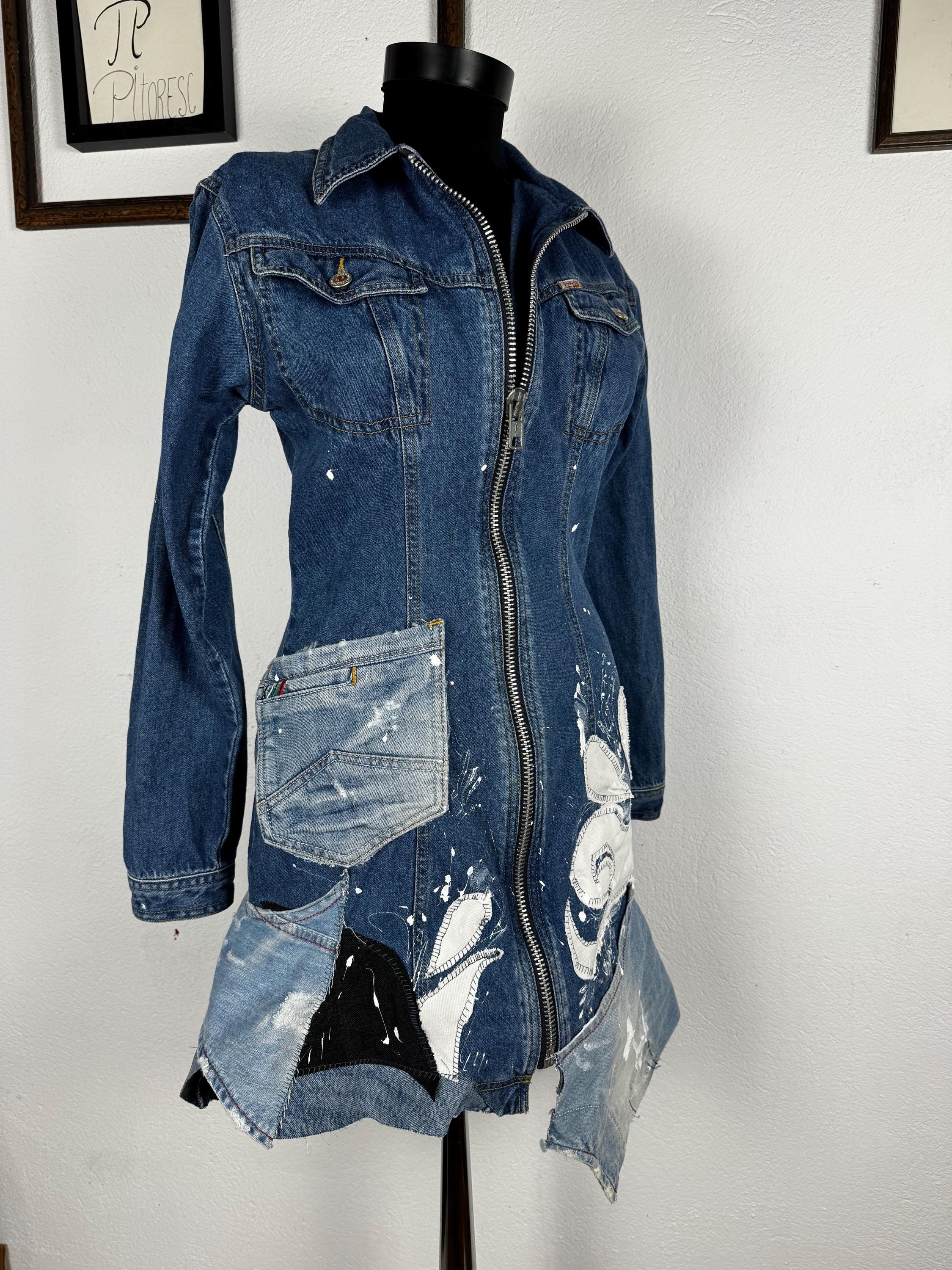 Upcycled Denim Mini Dress, OOAK Patchwork Jeans, Hand-Painted, Joujou, S