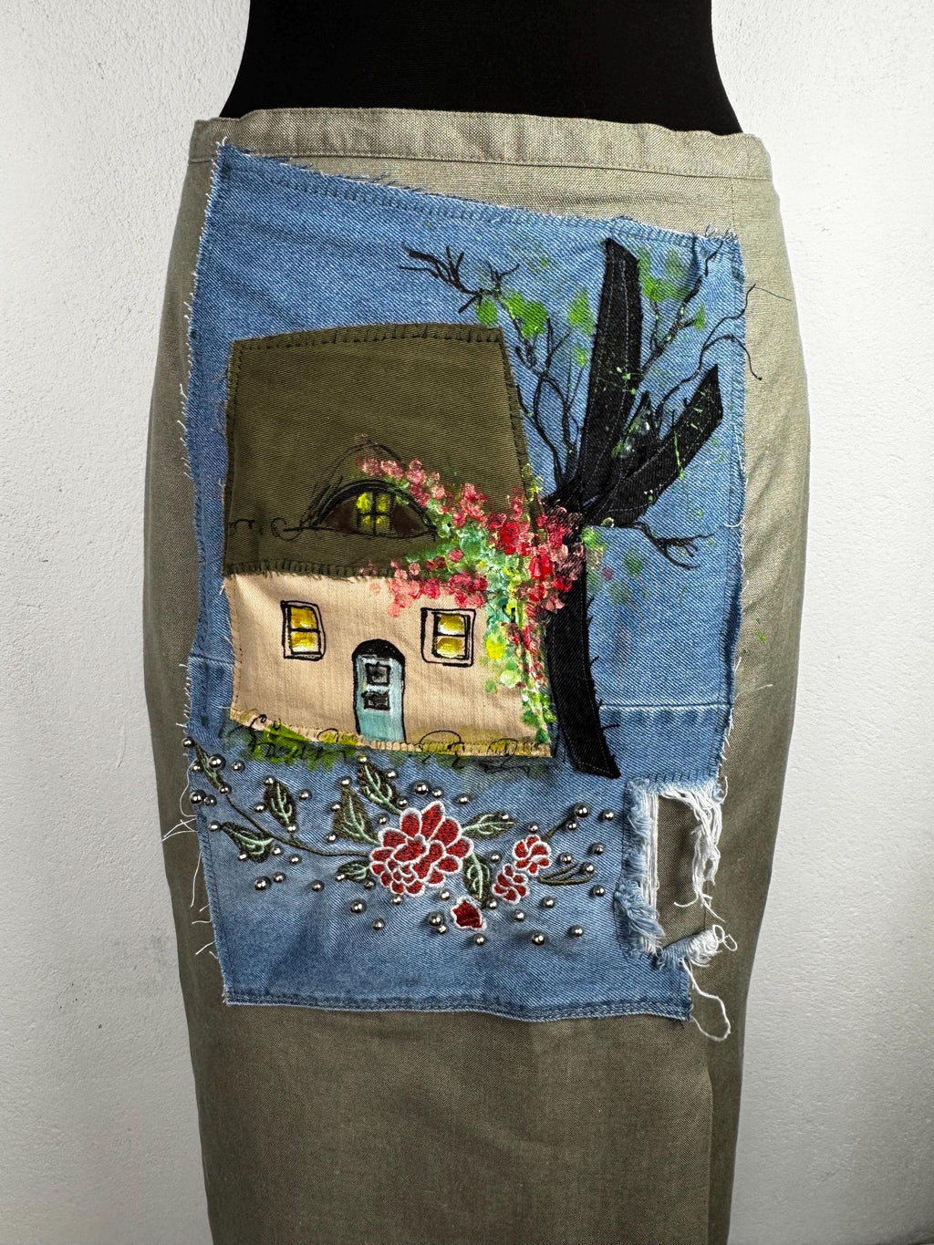 Upcycled Distler midi skirt with hand painted cottage patchwork. Cotton linen blend, sustainable one of a kind boho vintage piece